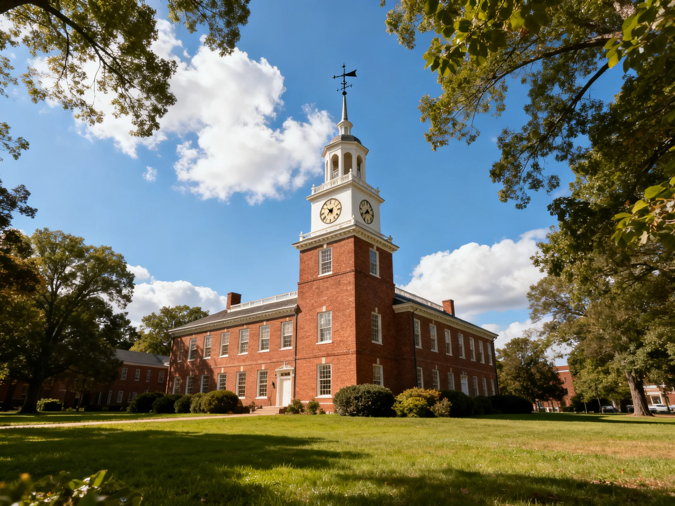 A historic red-brick clock tower building surrounded by green lawns and trees