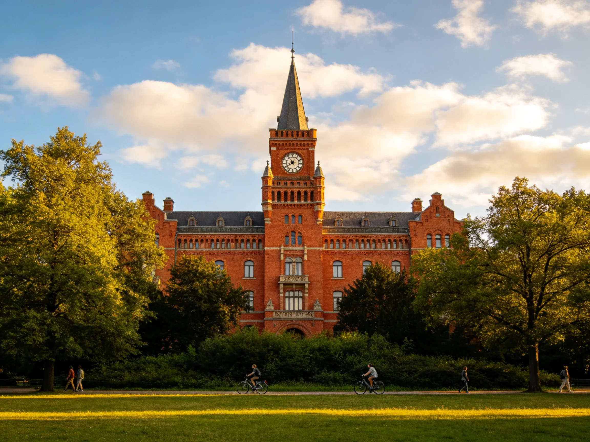 A historic red-brick clock tower building surrounded by greenery