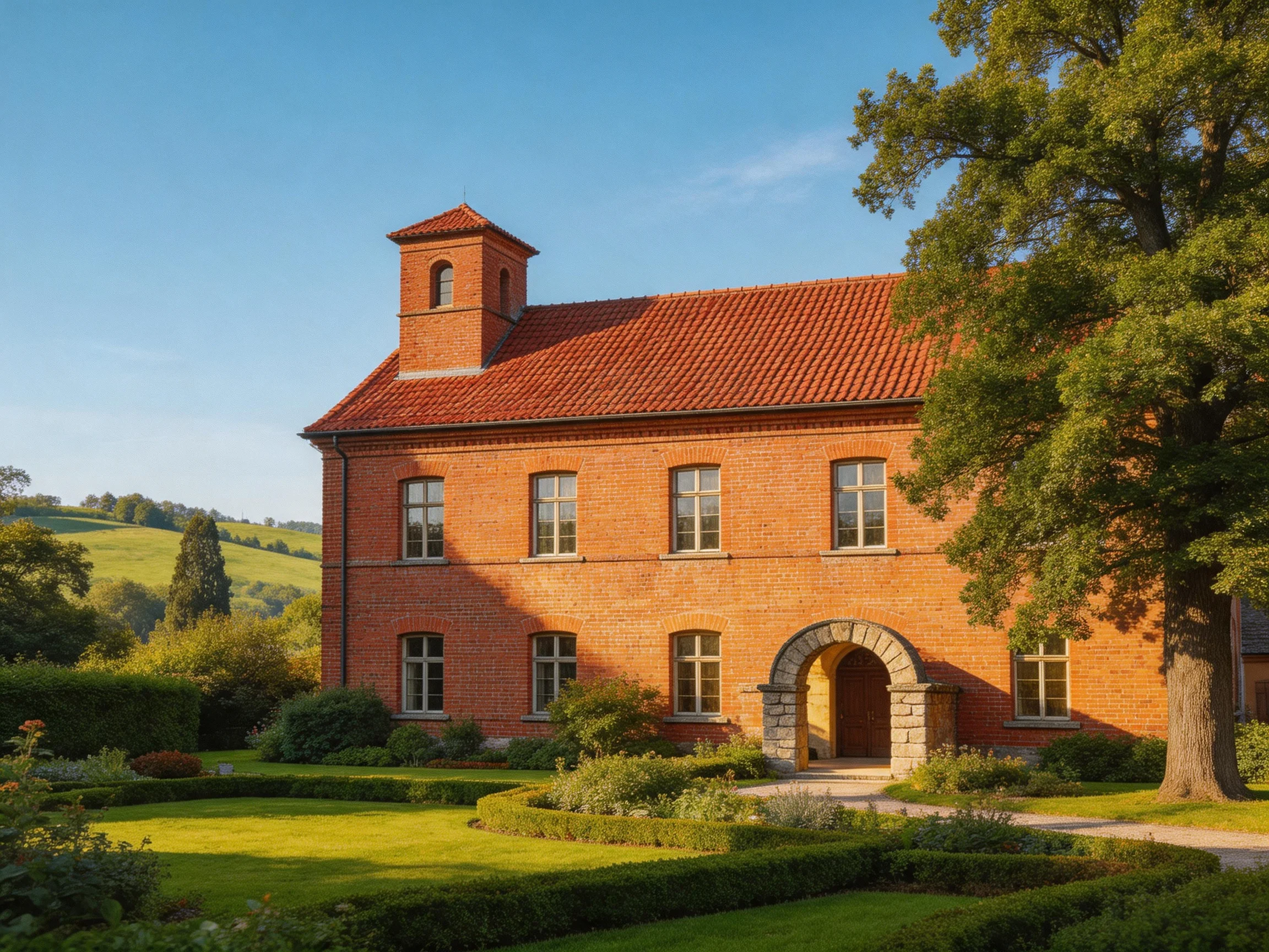 A historic red-brick manor with terracotta roof near landscaped gardens