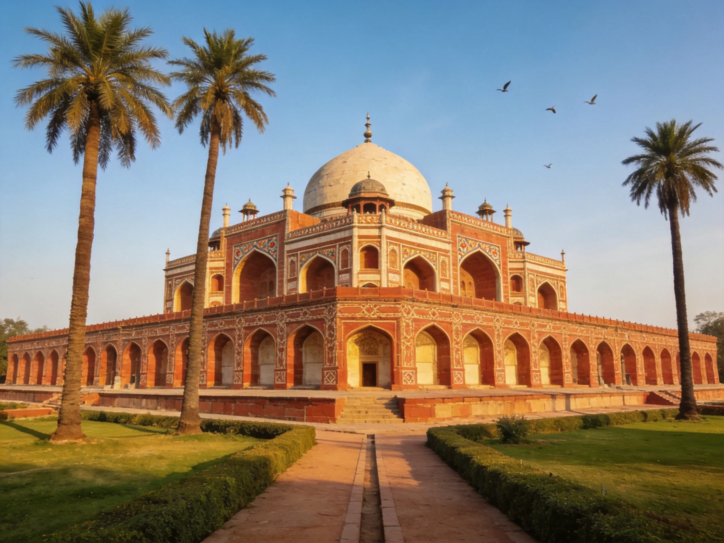 A historic red-brick mausoleum with white dome and palm trees