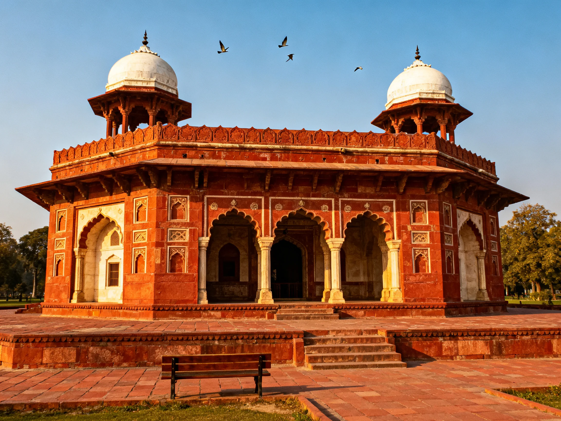 A historic red-brick octagonal monument withwhite domes