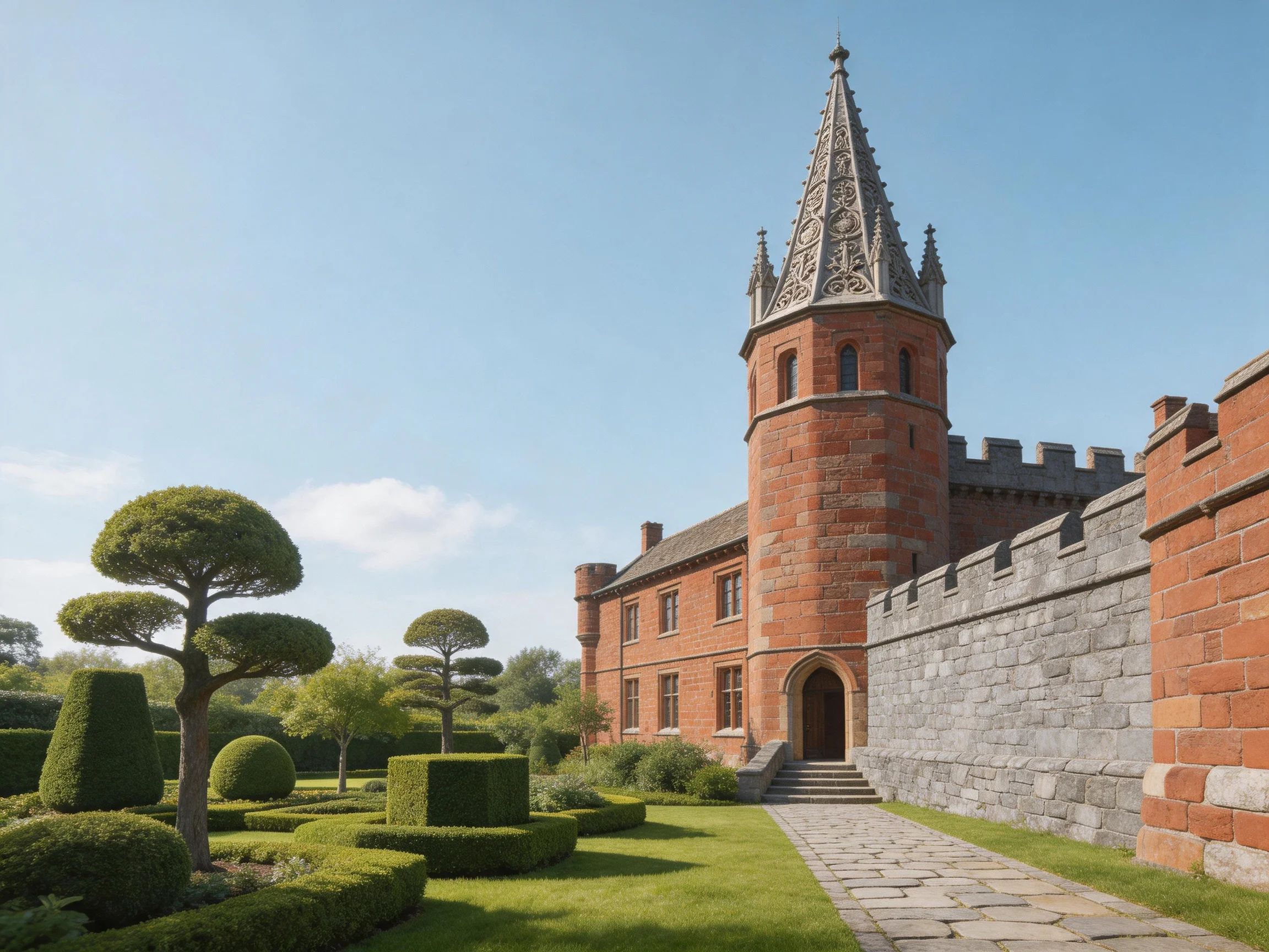 A historic red-brick tower beside gray stone walls with manicured gardens