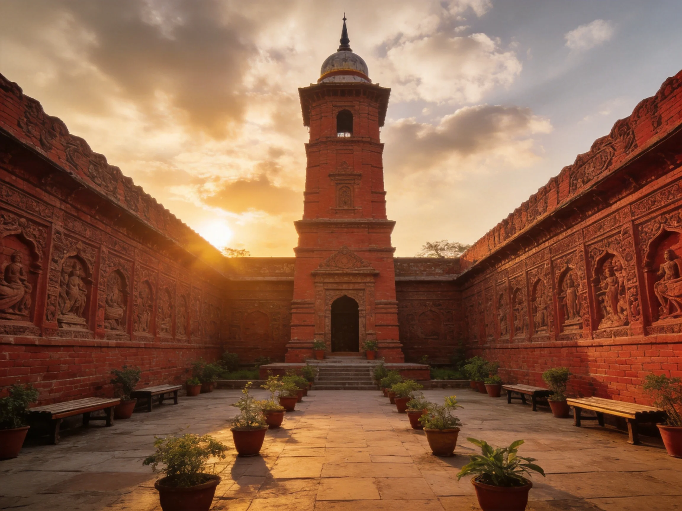 A historic red-brick tower in an ornate courtyard at sunset