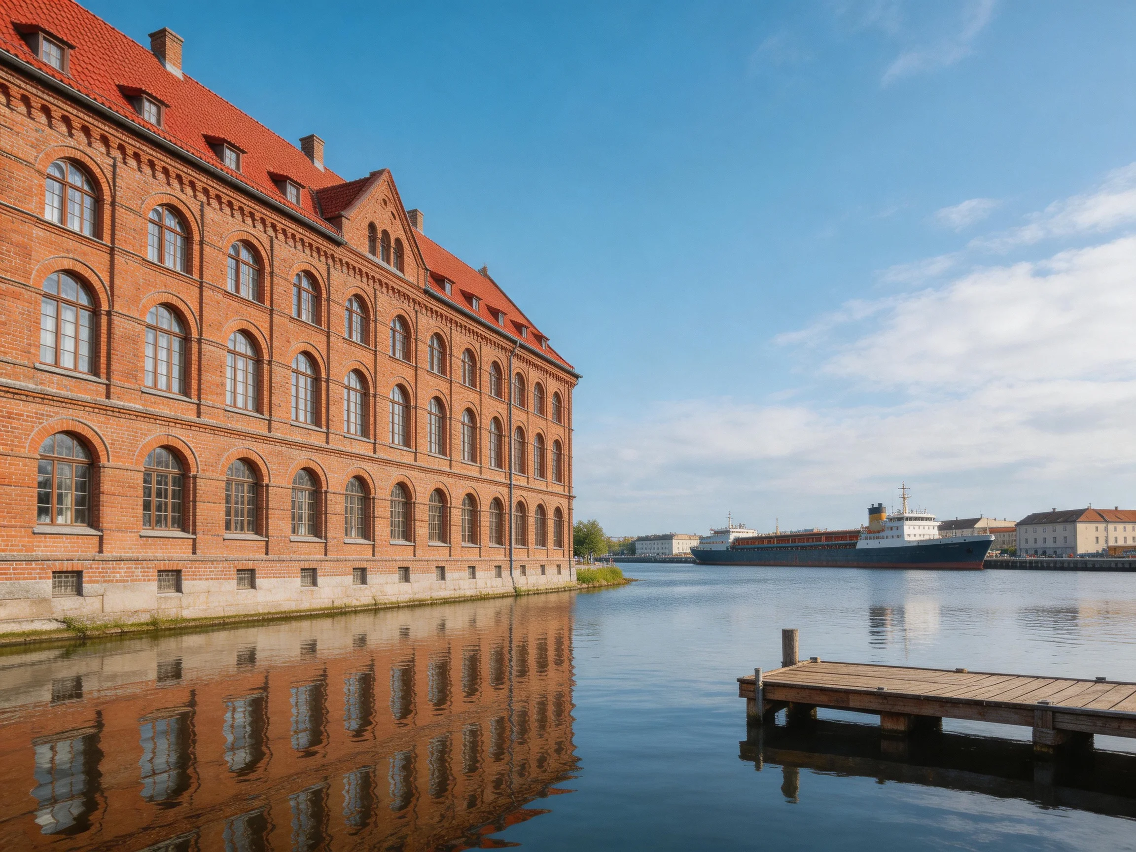 A historic red-brick warehouse by serene blue waterway