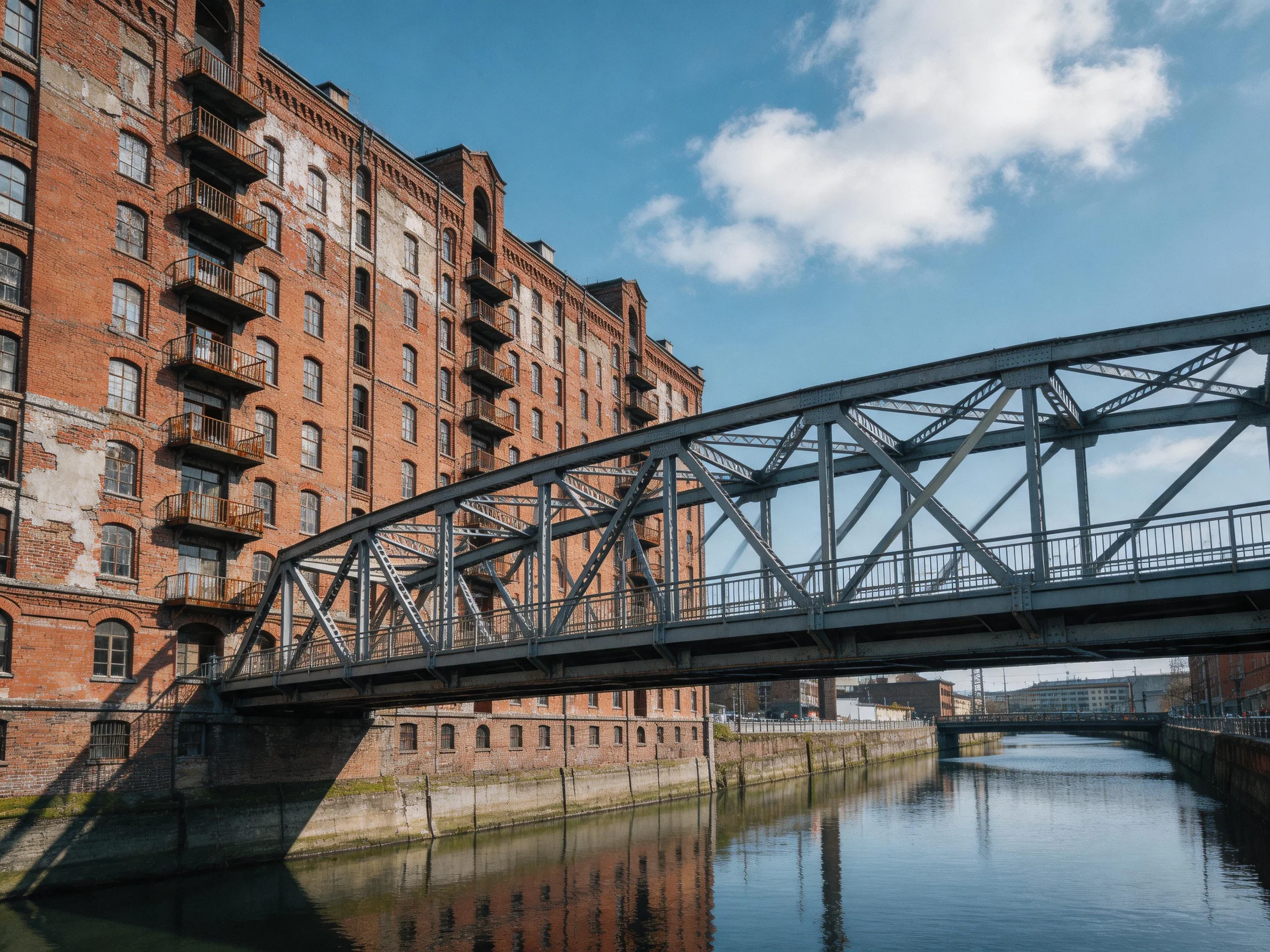 A historic red-brick warehouse with a metal truss bridge over a canal