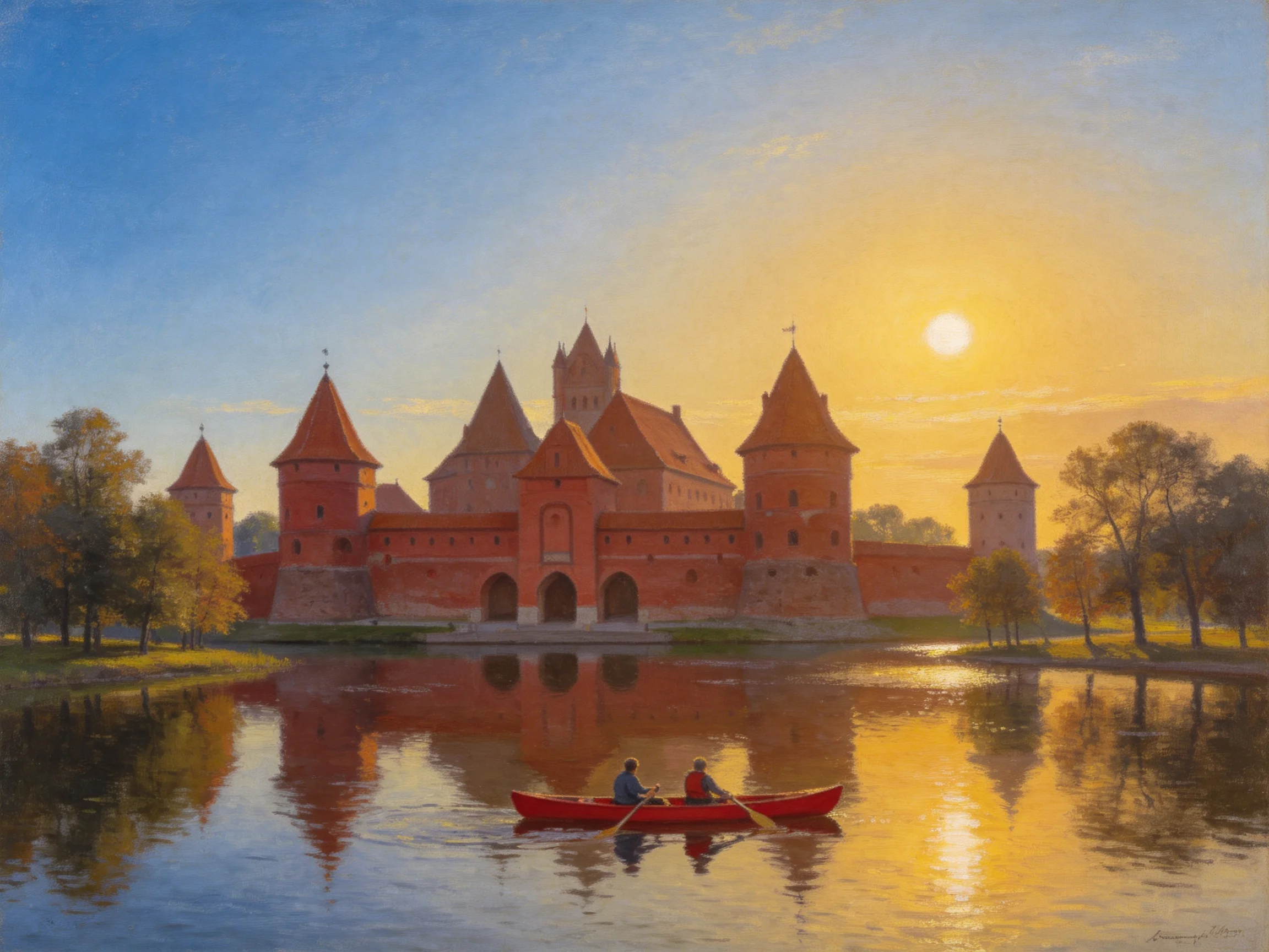 A historic red fortress by calm waters with a red canoe at sunset