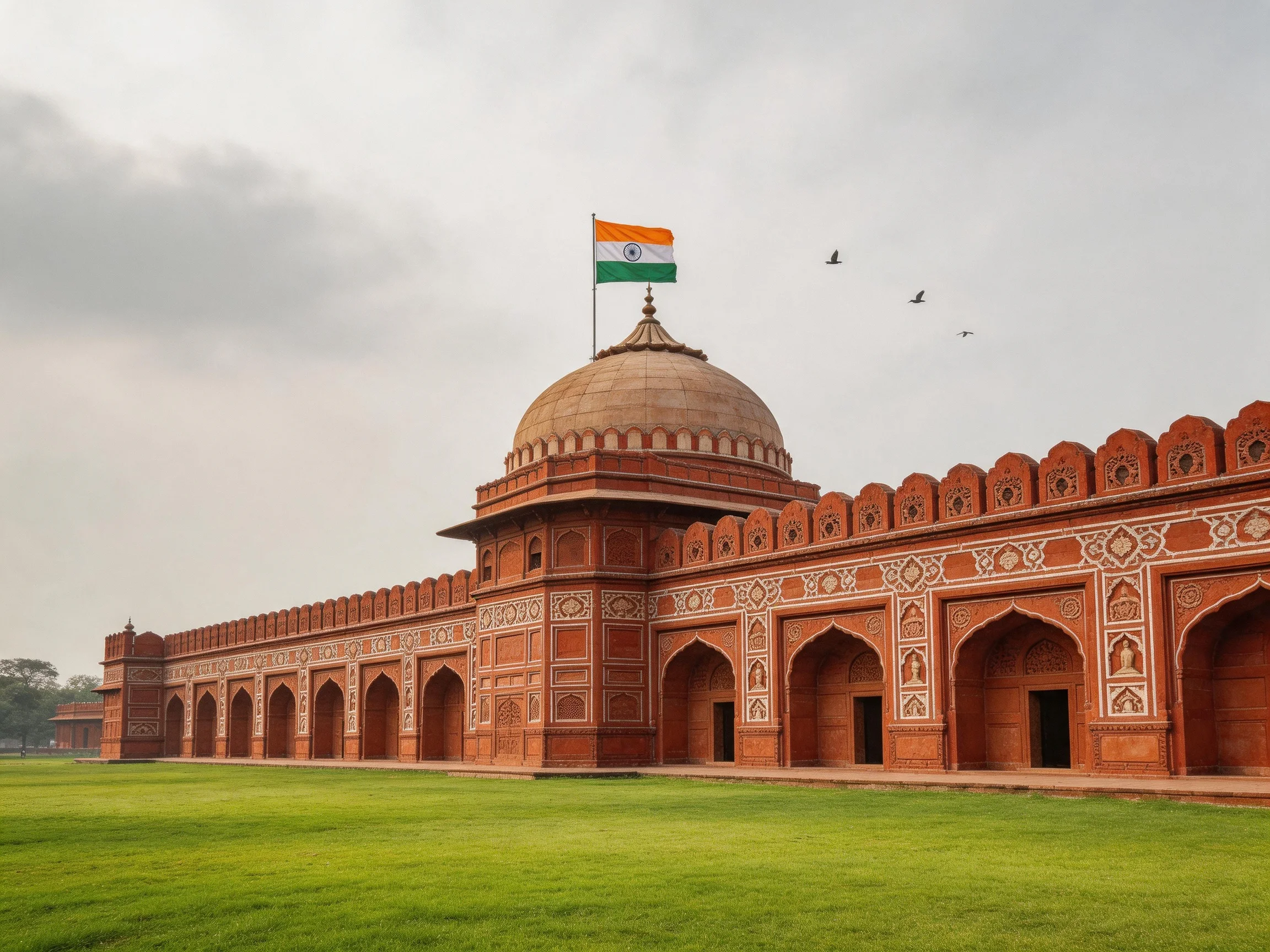A historic red sandstone architectural complex with an Indian flag atop a domed tower