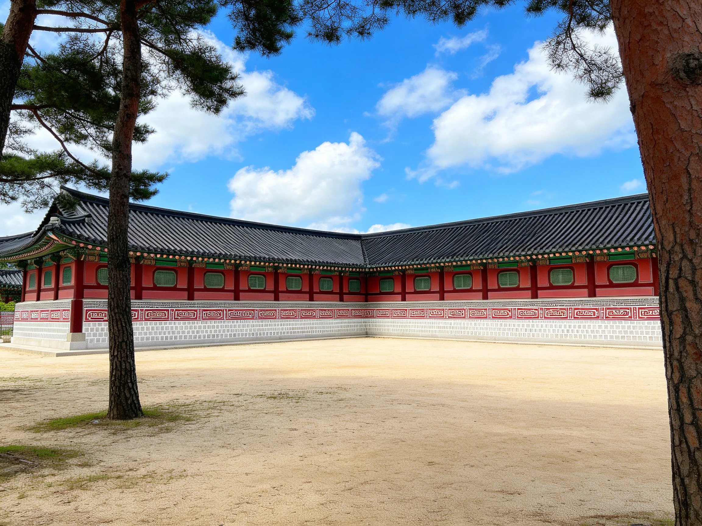 A historic red-walled structure with black tiled roofs near pine trees