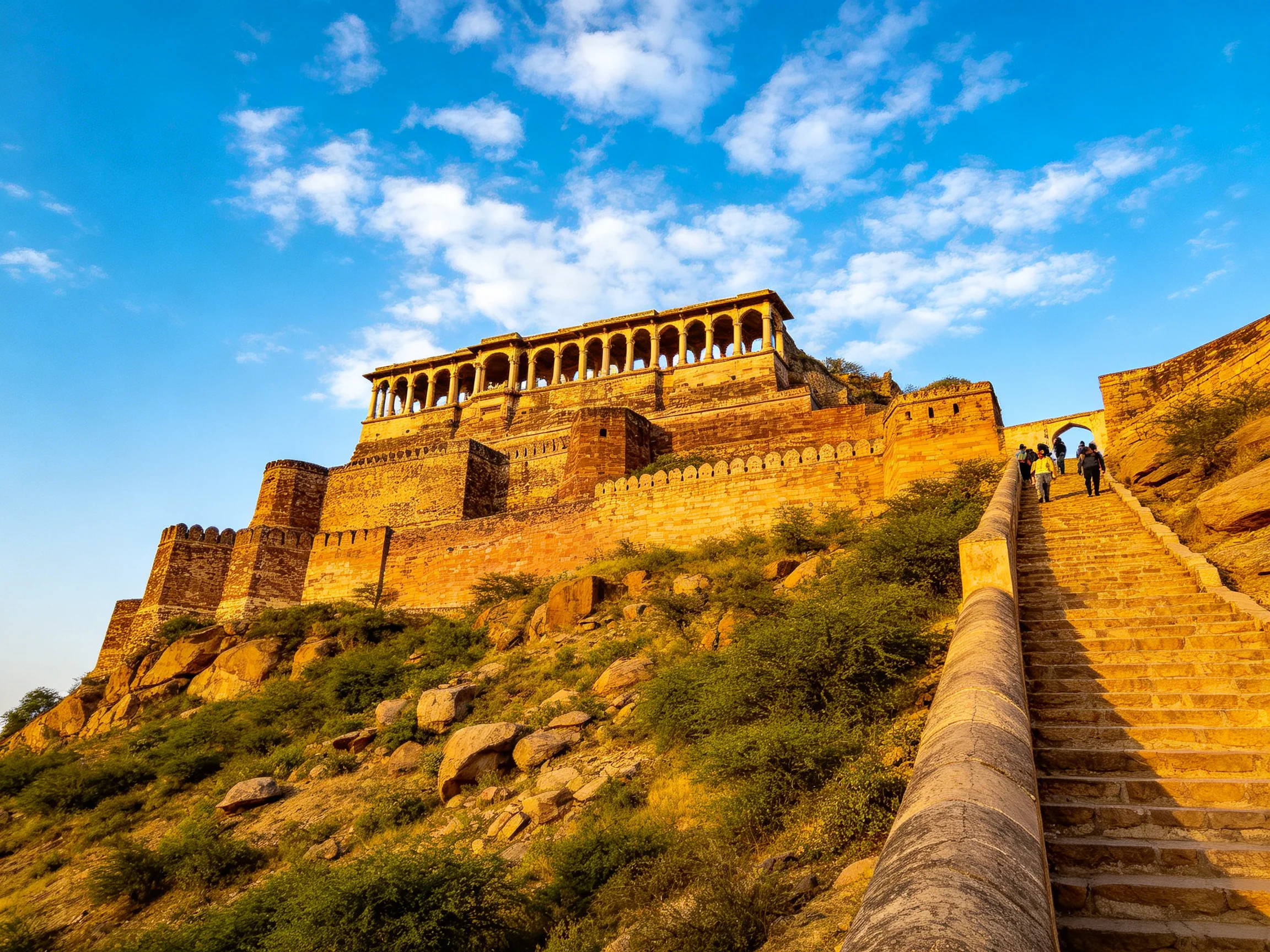 A historic sandstone fortress atop a rocky hill with golden stairway