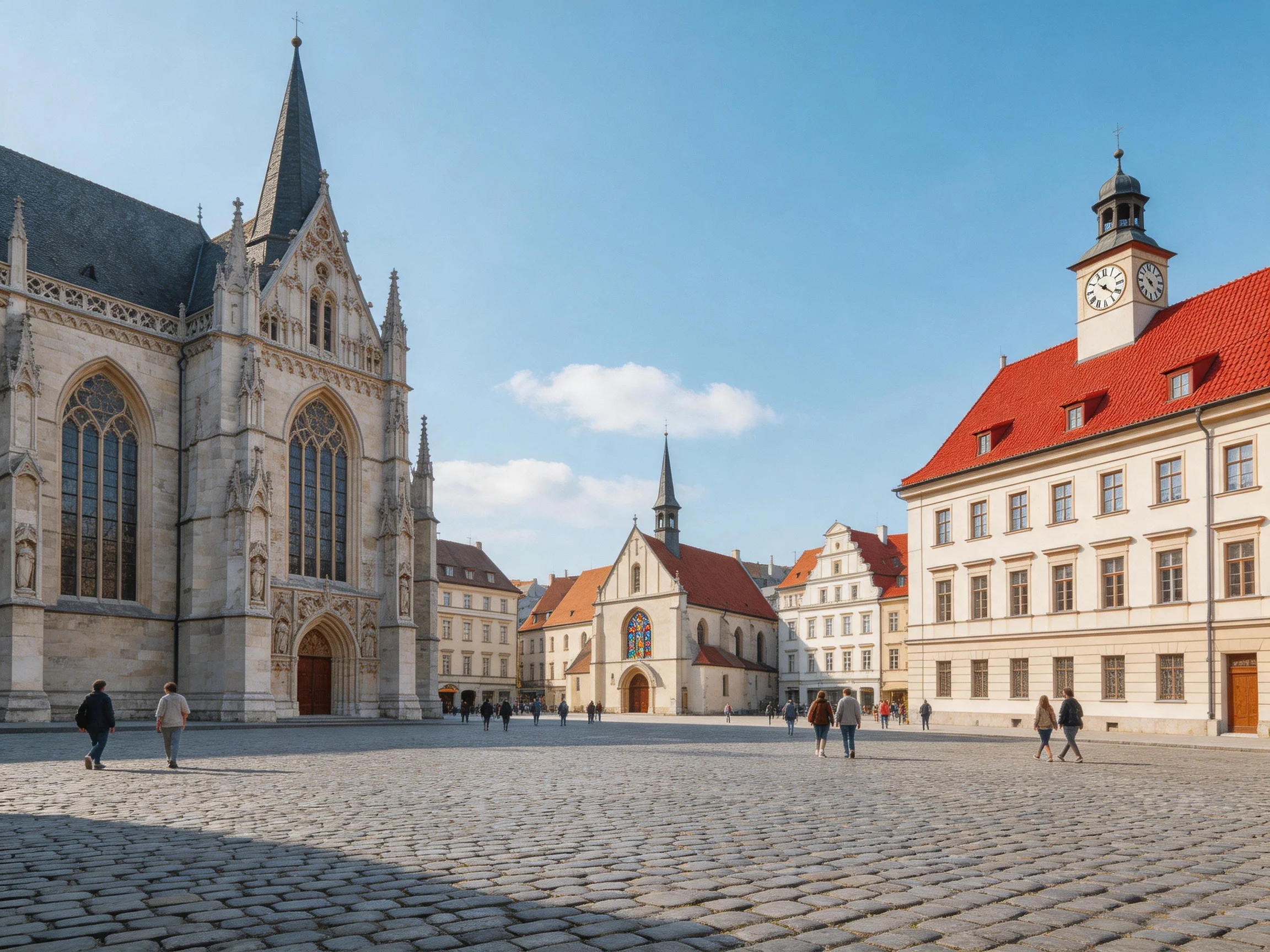 A historic square with Gothic church, red-roofed town hall, and cobblestones