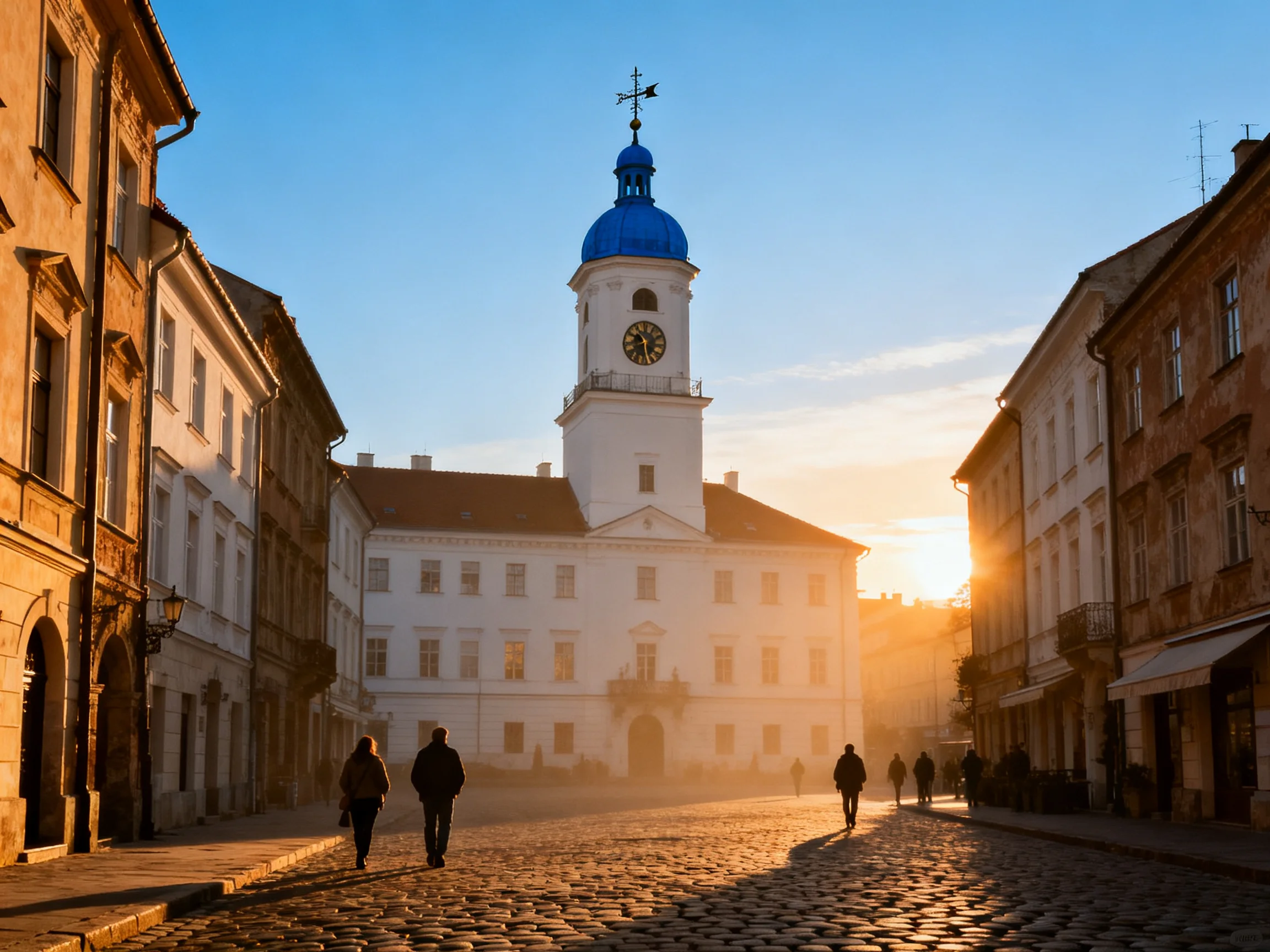 A historic square with a blue-domed clock tower at sunrise