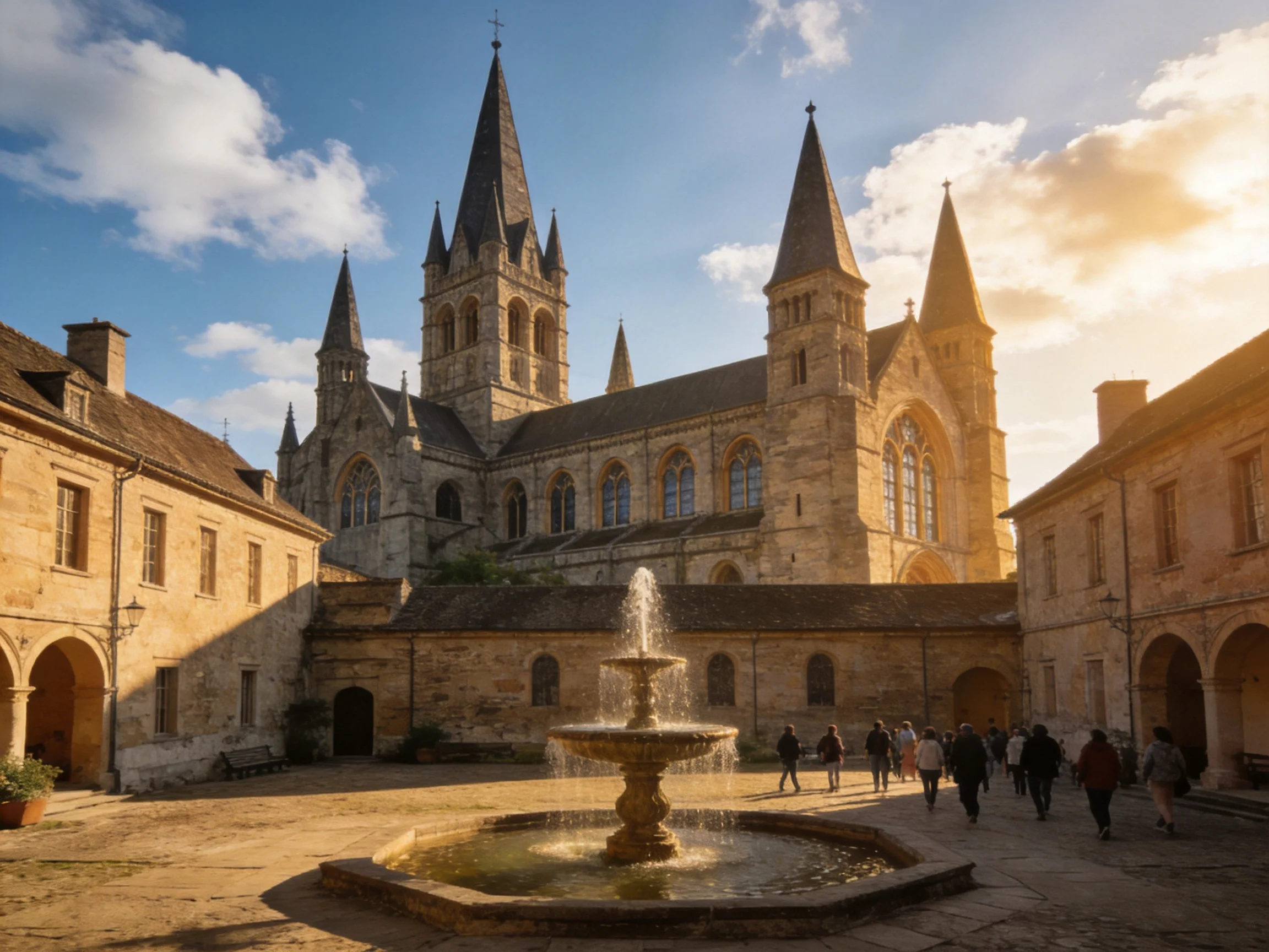 A historic stone abbey with tall spires and a central fountain
