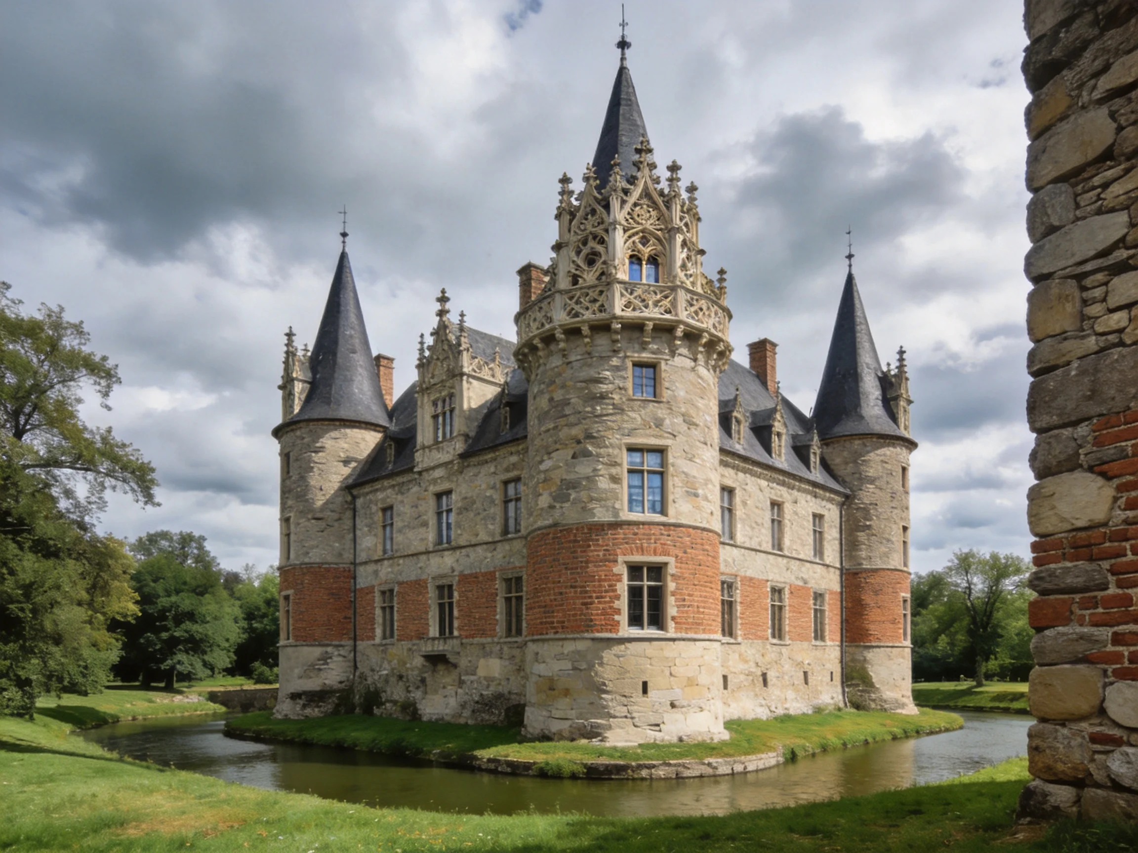 A historic stone and brick castle with three towers beside a moat