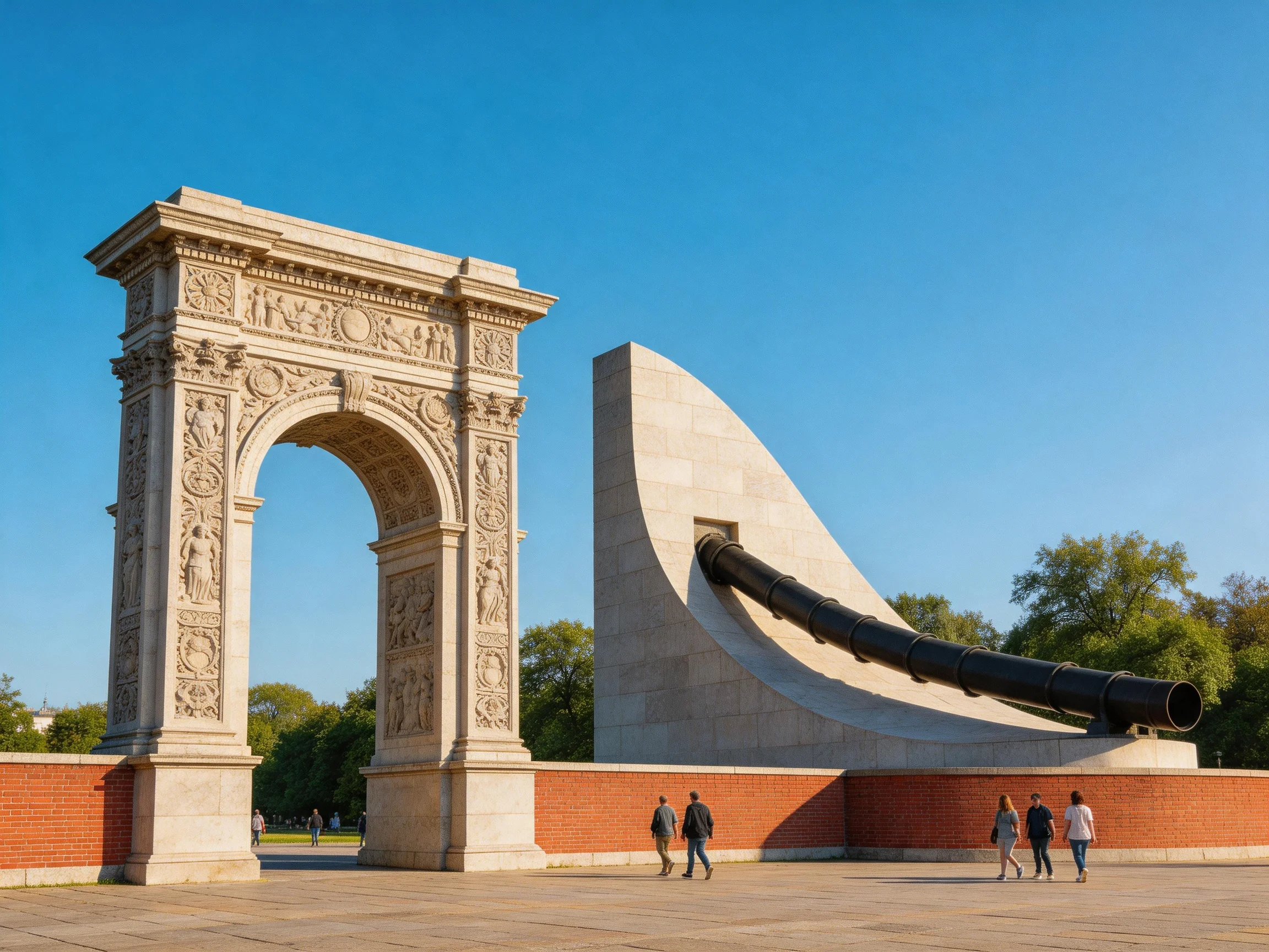 A historic stone arch adjacent to a large cannon monument