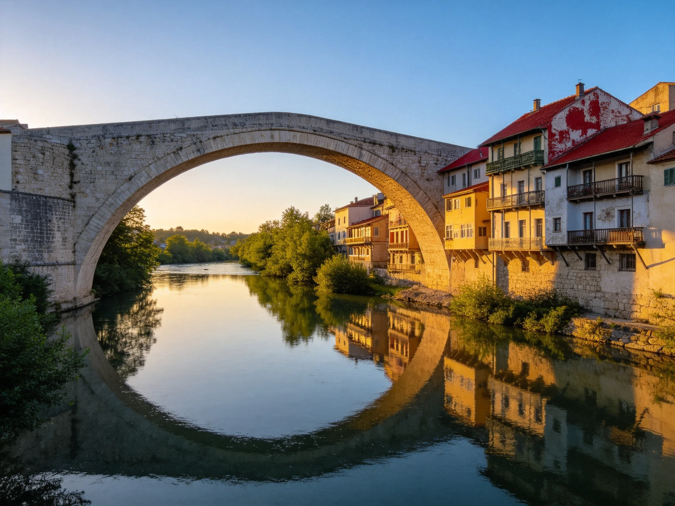 A historic stone arch bridge spans a calm river beside colorful old buildings