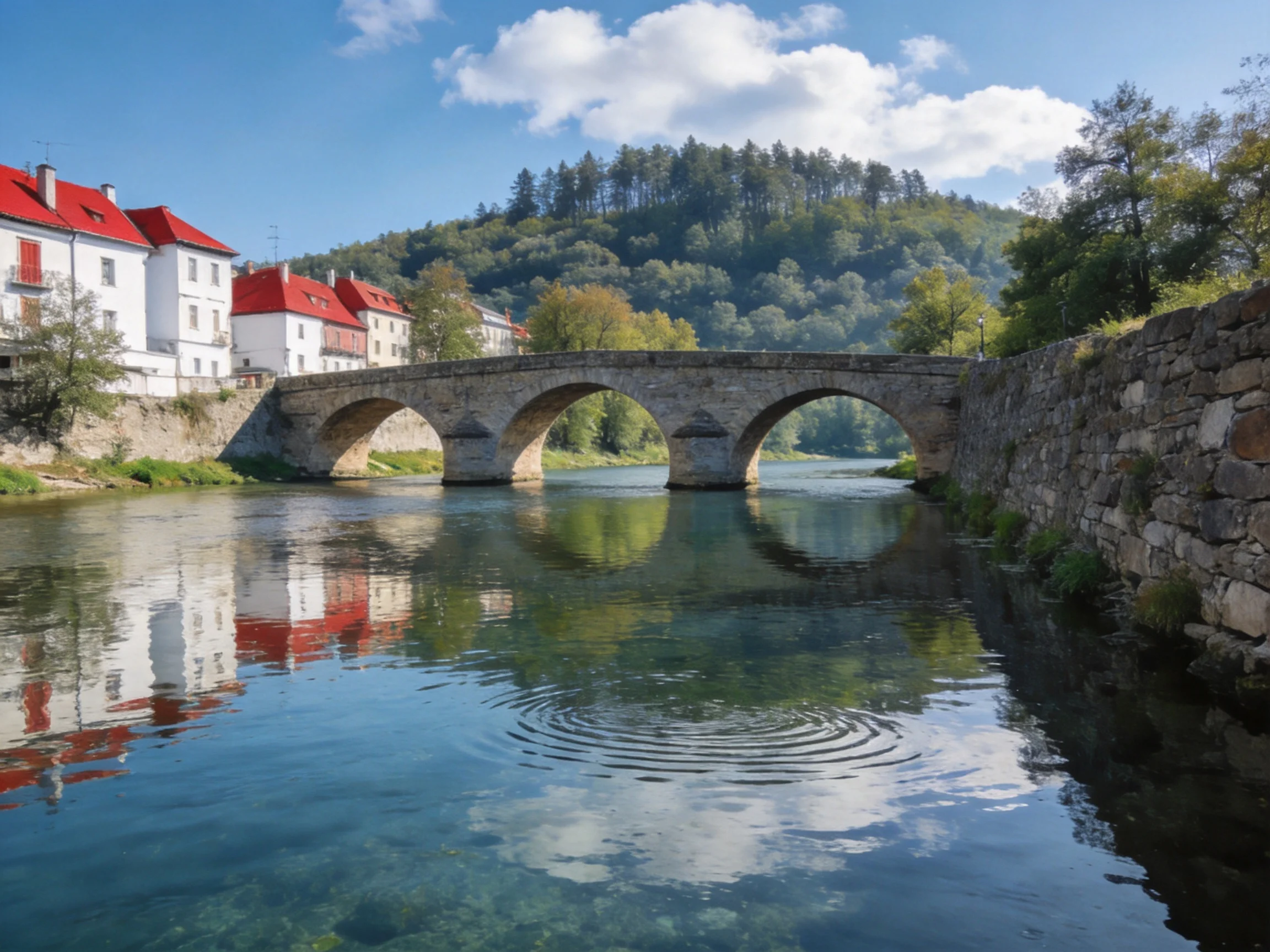 A historic stone arch bridge spans a calm river near red-roofed buildings