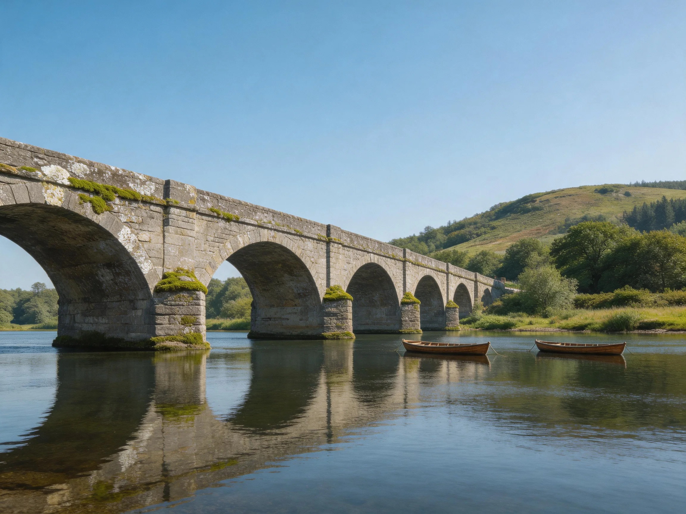 A historic stone arch bridge spans a calm river with wooden boats