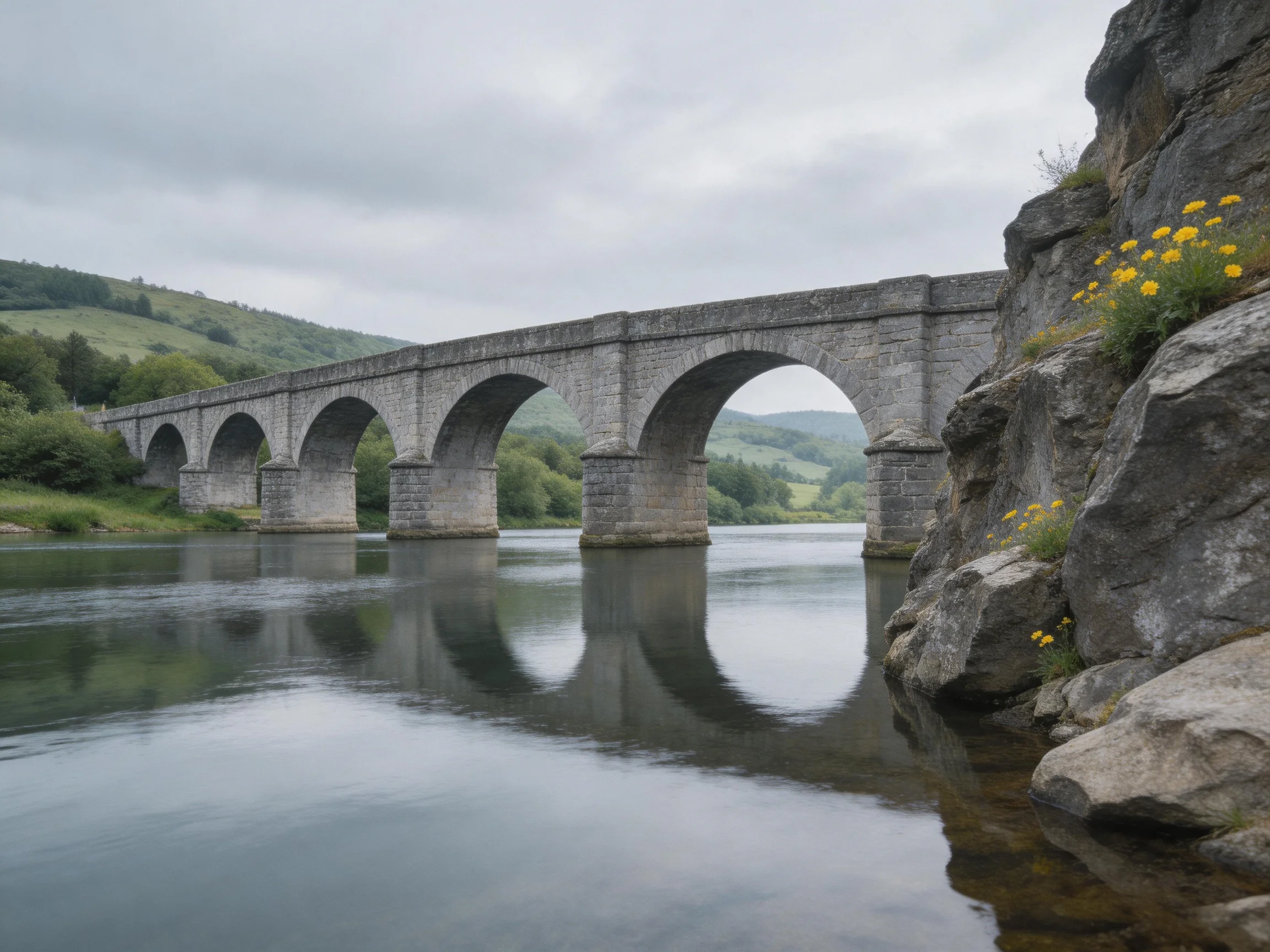 A historic stone arch bridge spans calm waters near rocky cliffs