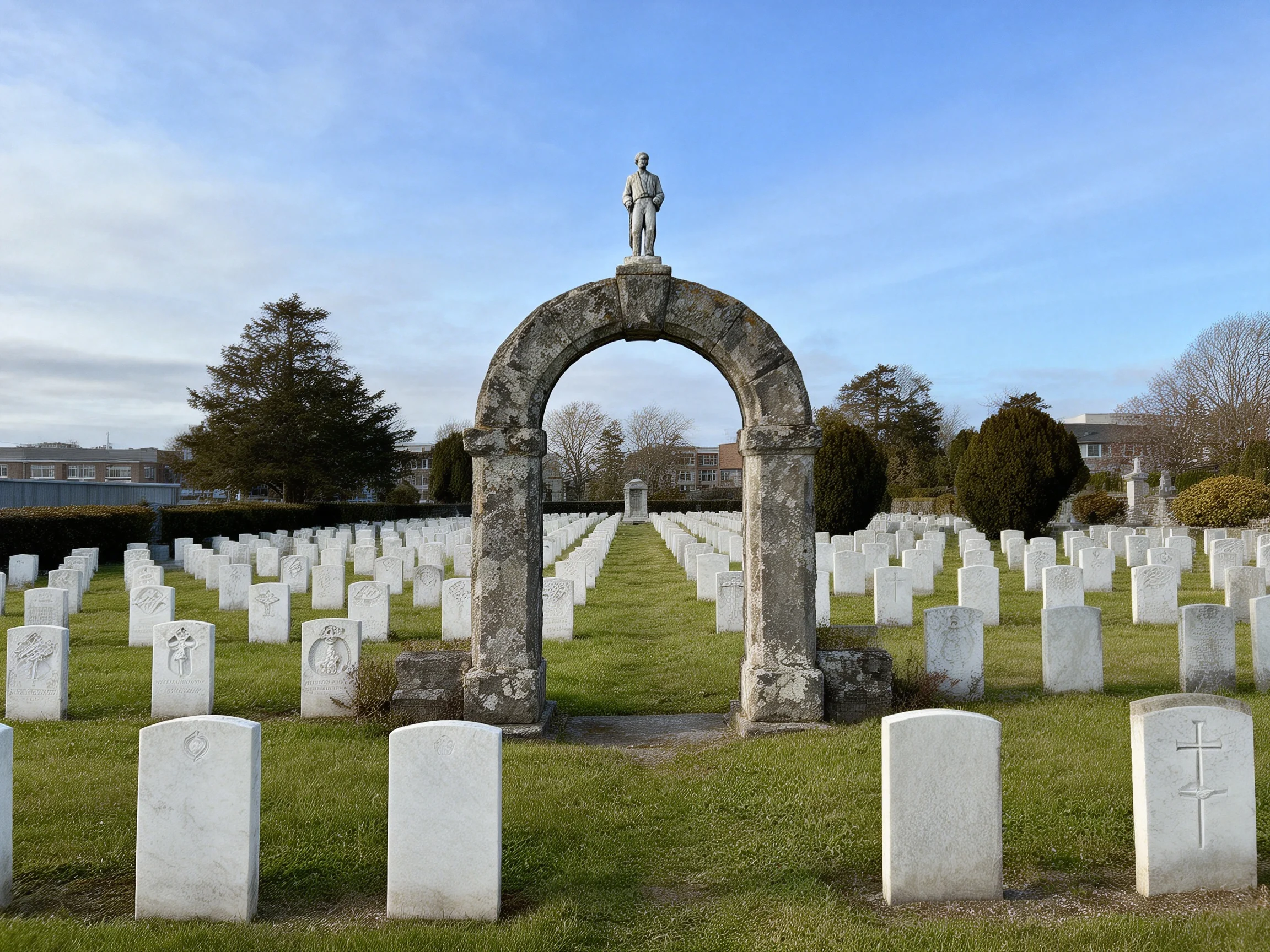 A historic stone arch with a soldier statue overlooks rows of white gravestones