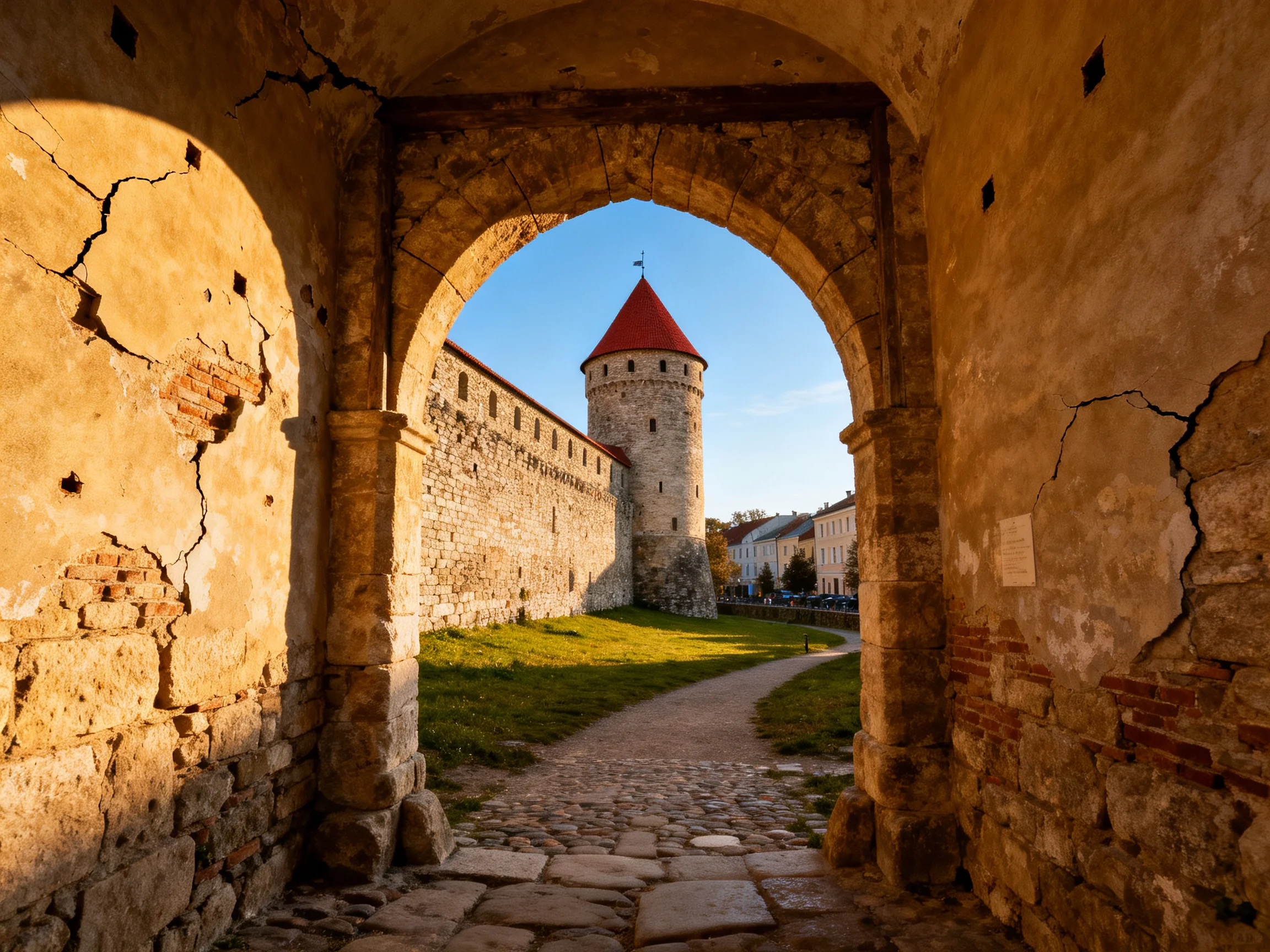 A historic stone archway leads to a red-roofed medieval tower