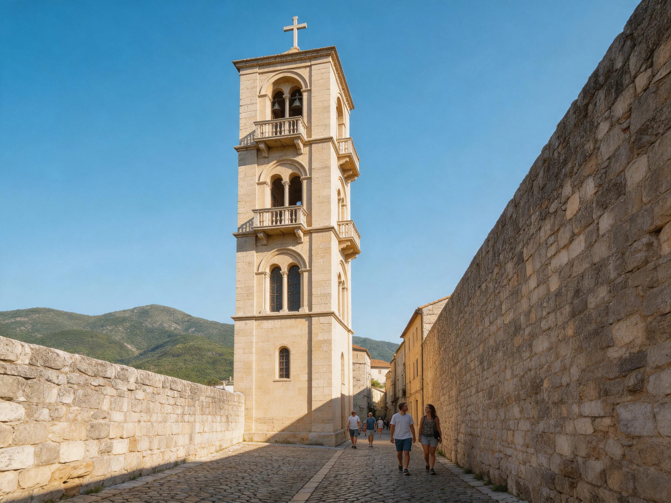 A historic stone bell tower beside ancient walls under a clear blue sky