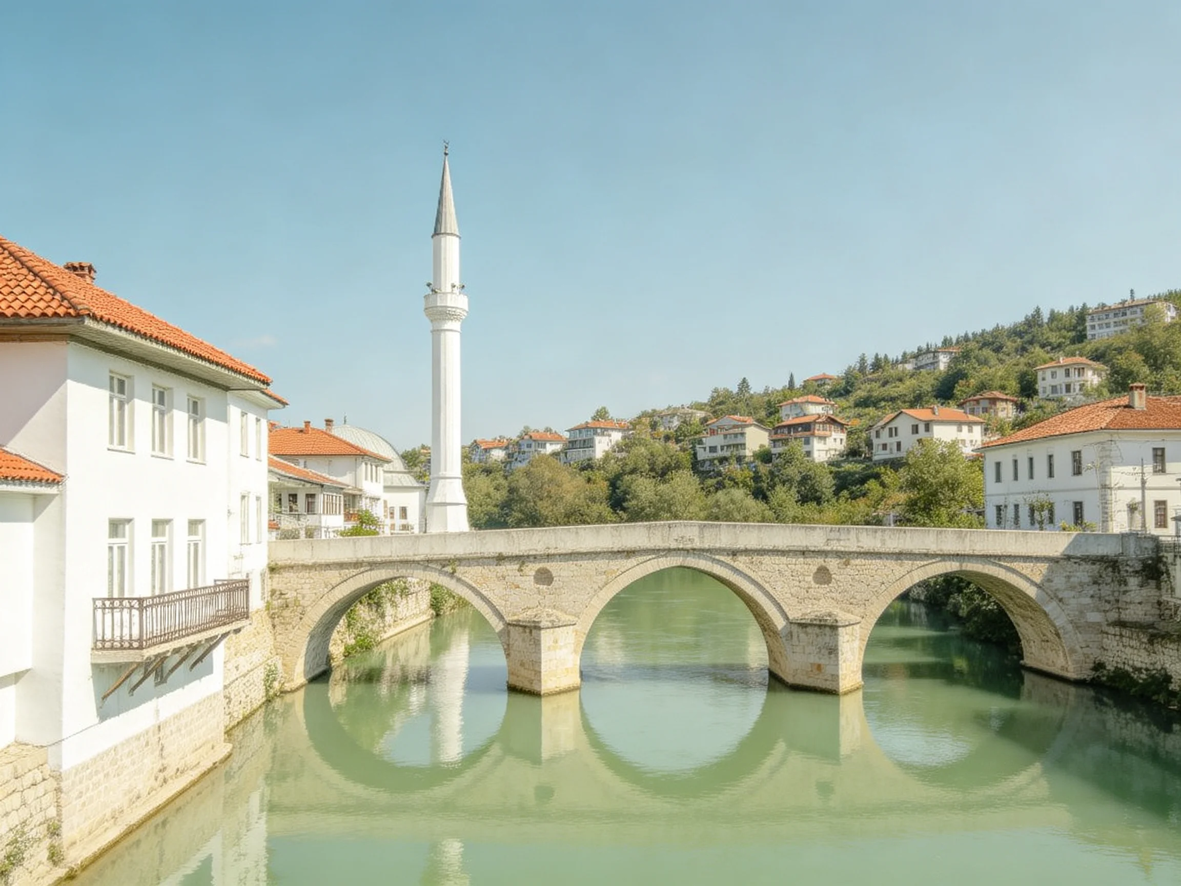 A historic stone bridge spans a calm green river near white buildings with red roofs