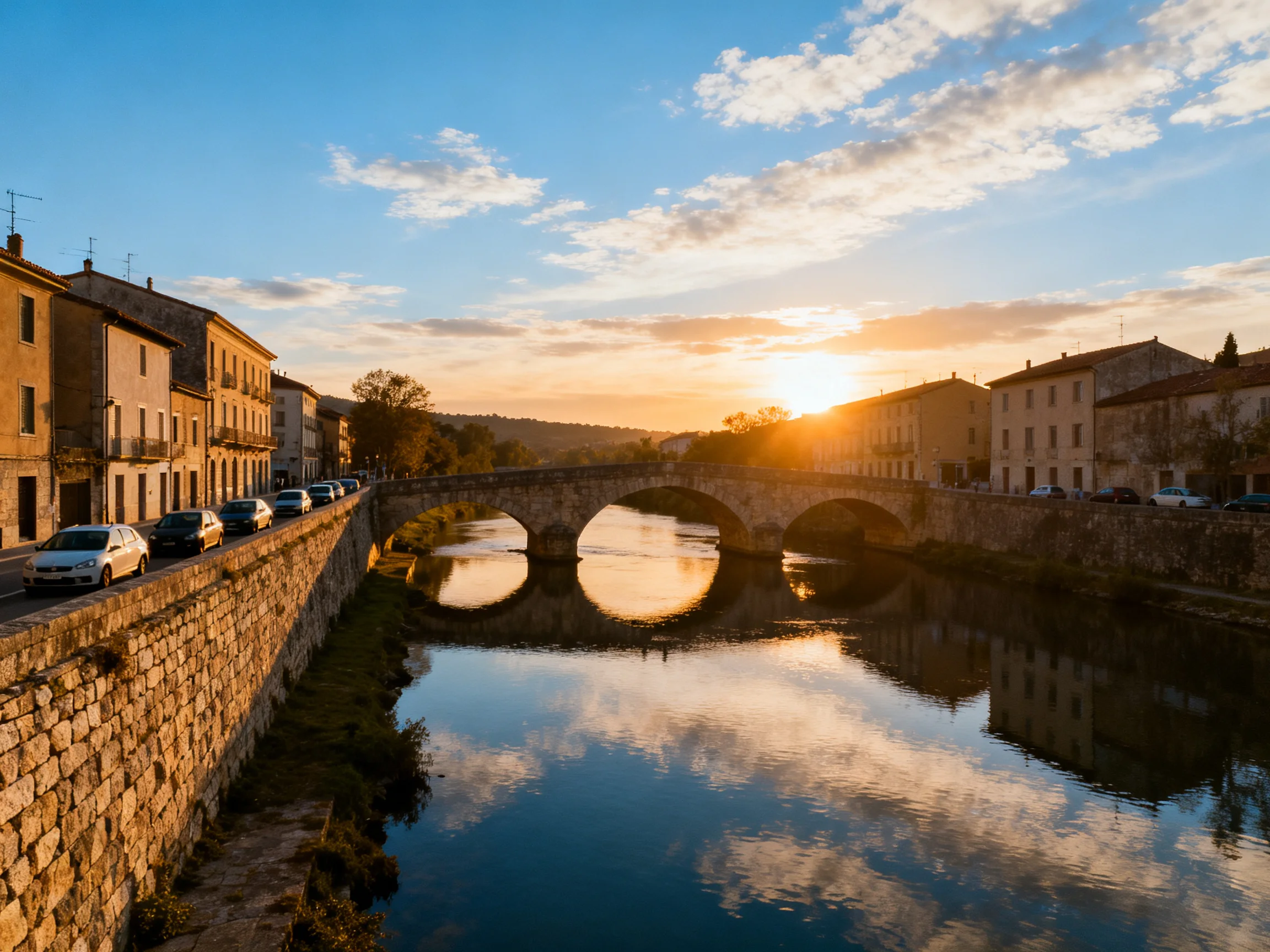 A historic stone bridge spans a calm river at golden sunset