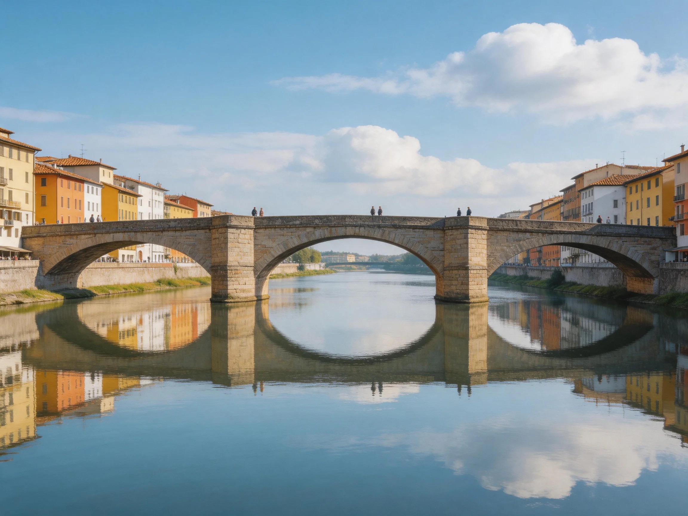 A historic stone bridge spans a calm river between colorful buildings under a bright sky.