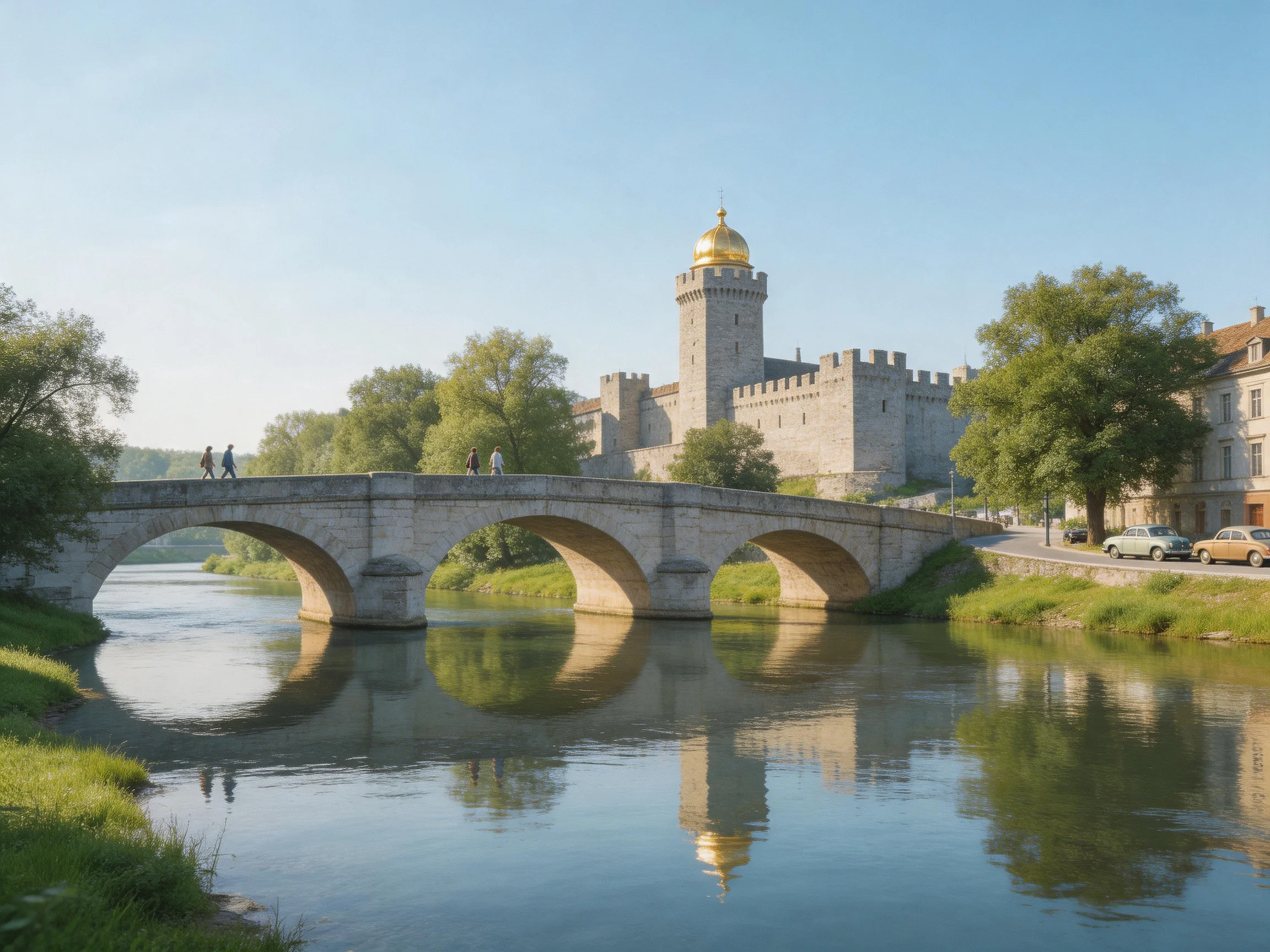 A historic stone bridge spans a calm river near a castle with a golden tower