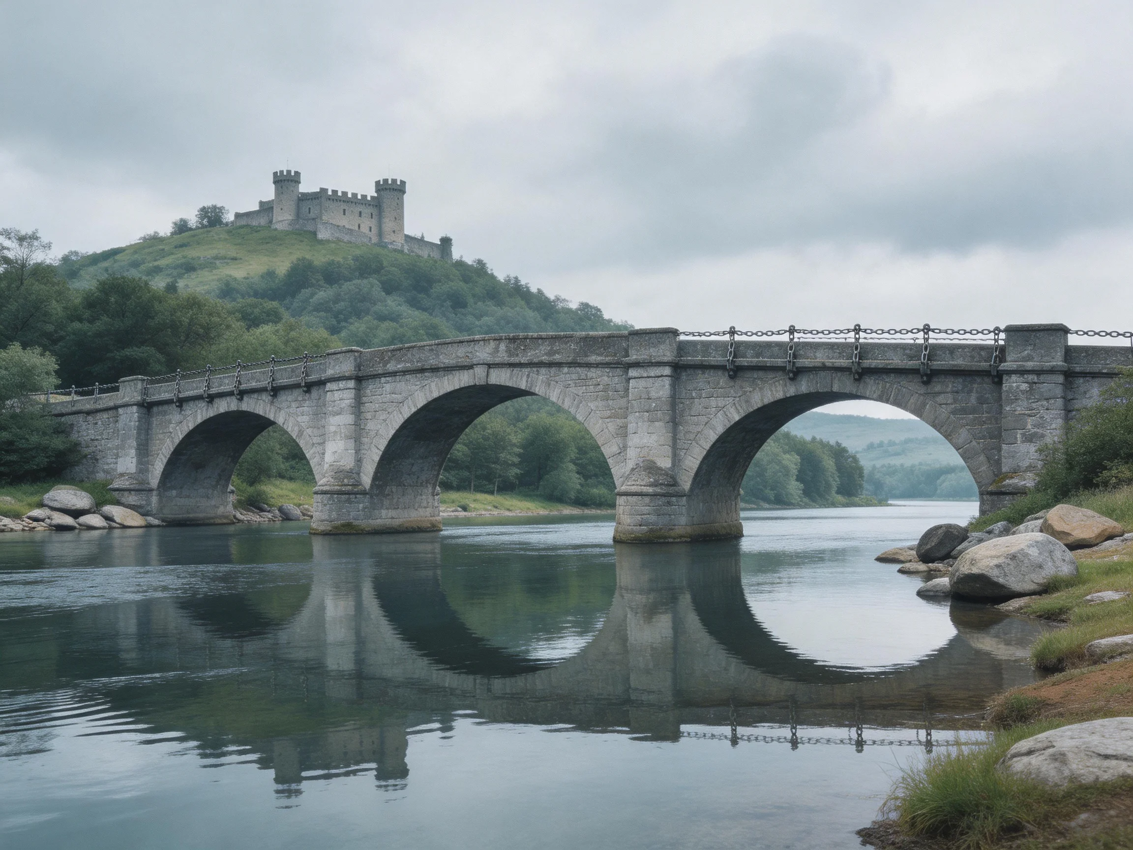 A historic stone bridge spans a calm river near a hilltop castle