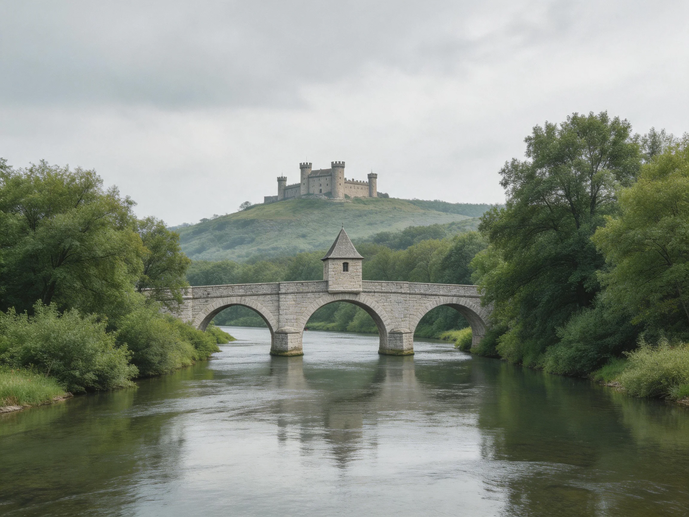 A historic stone bridge spans a calm river near a hilltop castle