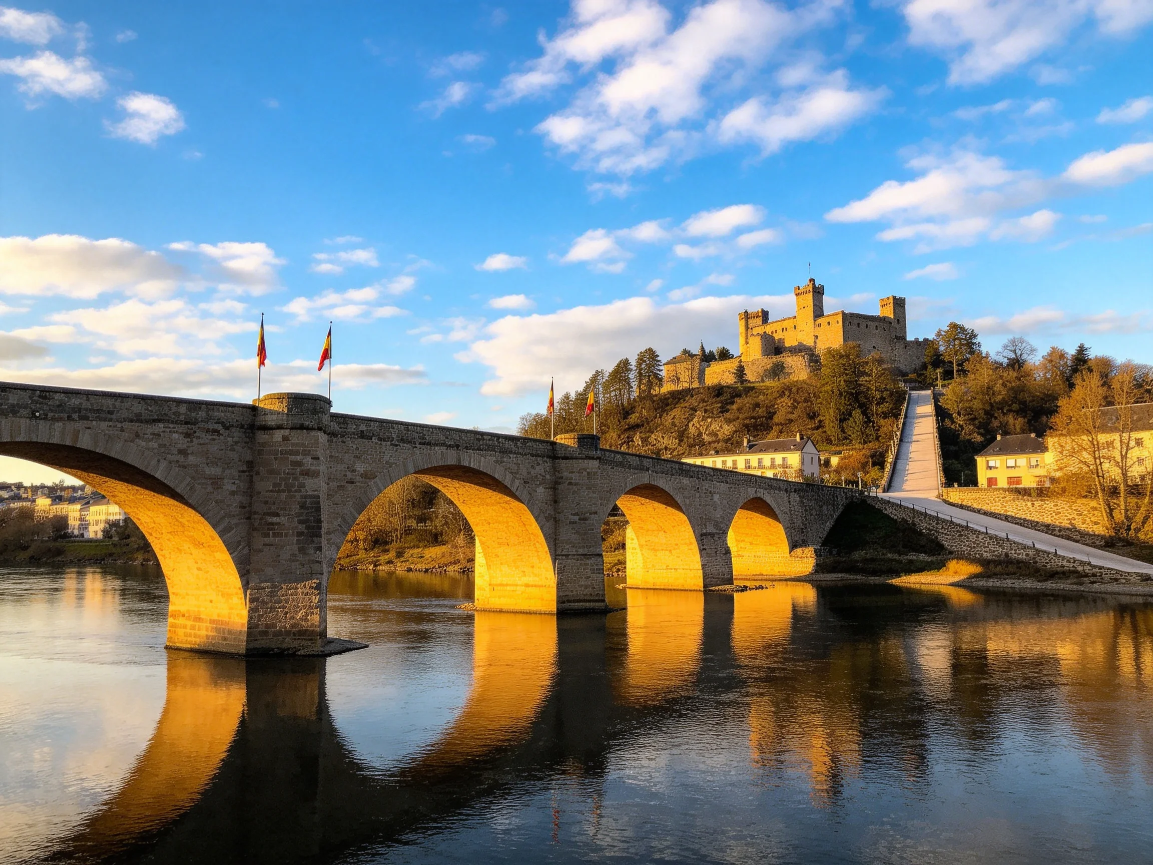 A historic stone bridge spans a calm river near a medieval castle