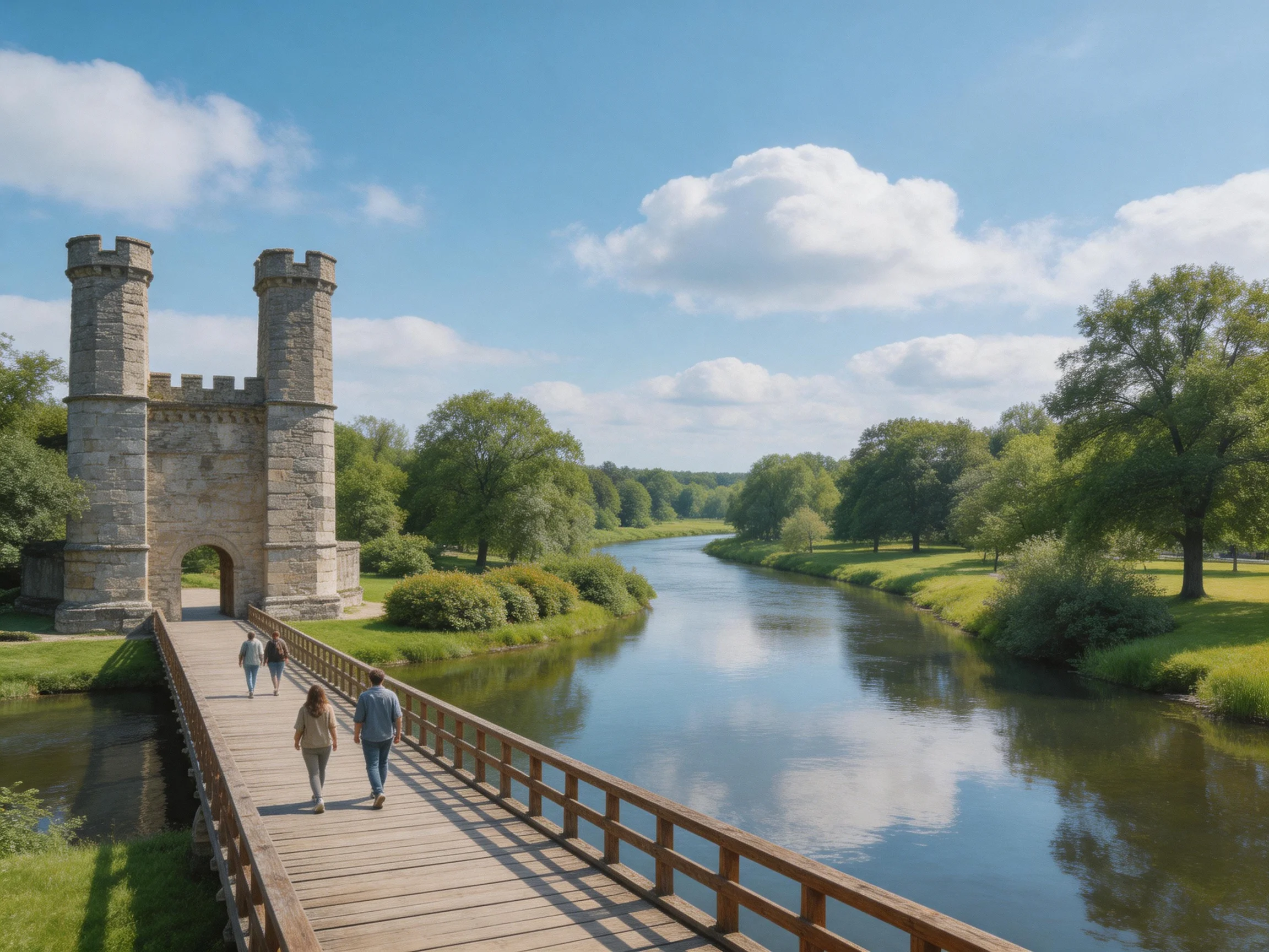 A historic stone bridge spans a calm river with lush green surroundings