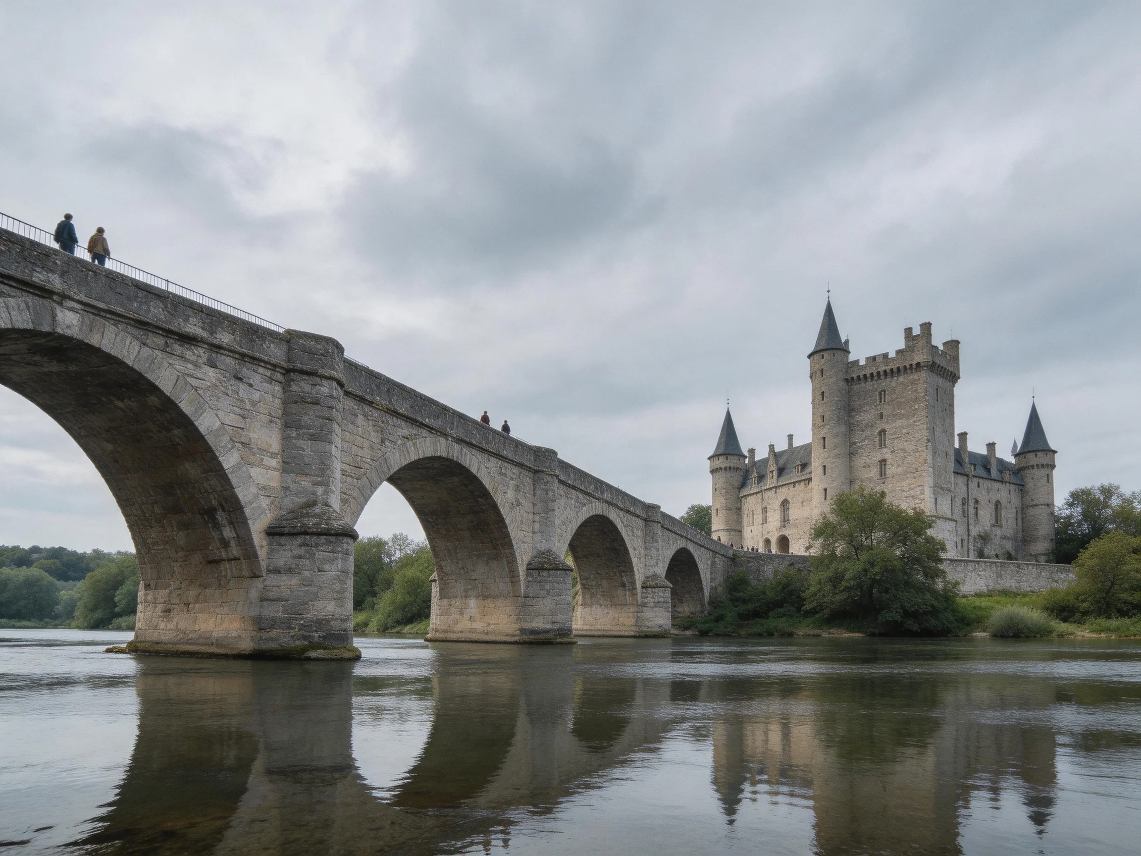 A historic stone bridge spans a serene river beside an ancient castle
