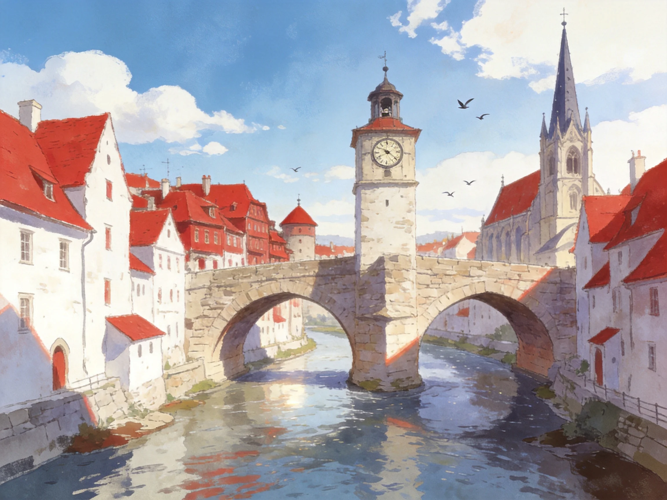 A historic stone bridge with clock tower spans a river near red-roofed buildings
