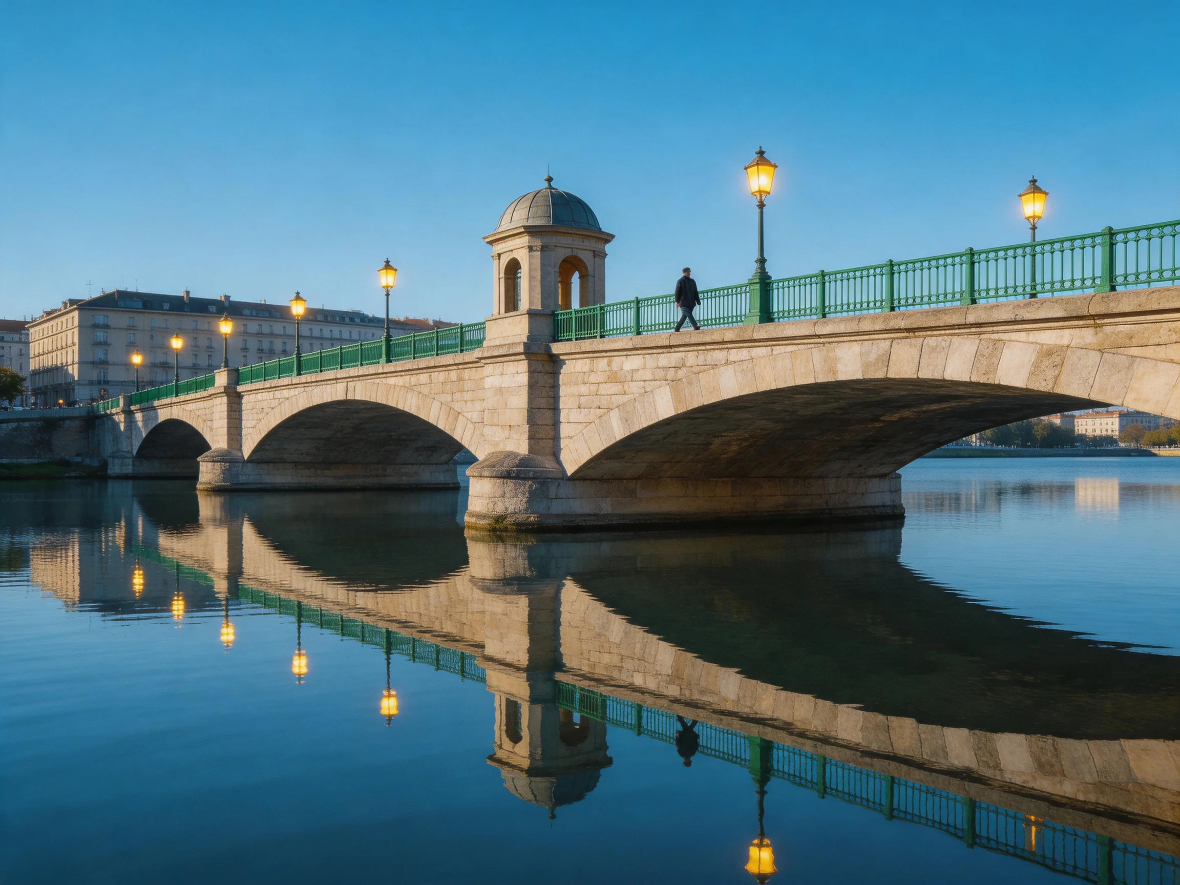 A historic stone bridge with green railings spans calm blue waters
