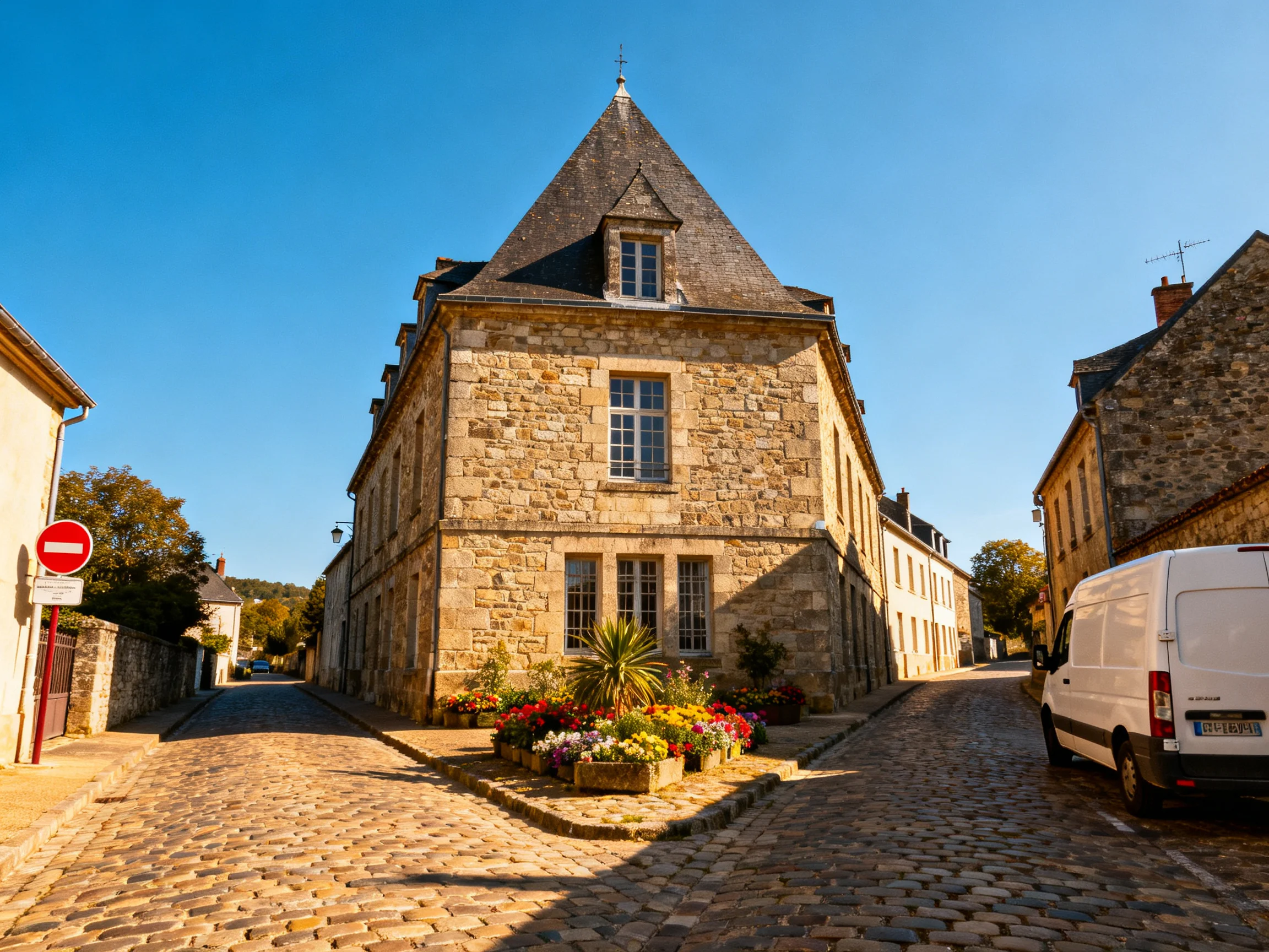 A historic stone building stands on a cobblestone street with colorful flowers