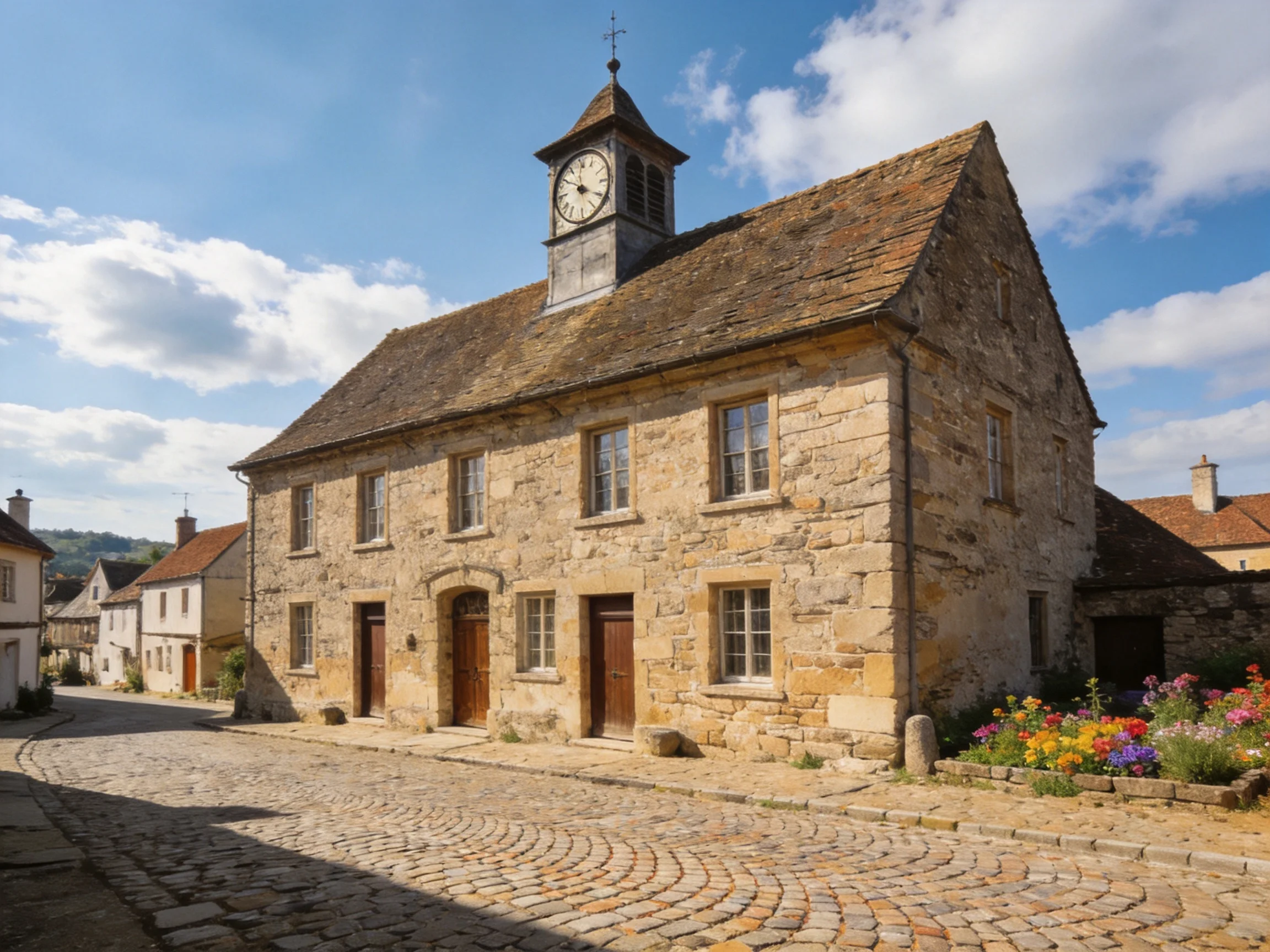 A historic stone building with a clock tower near colorful flower beds