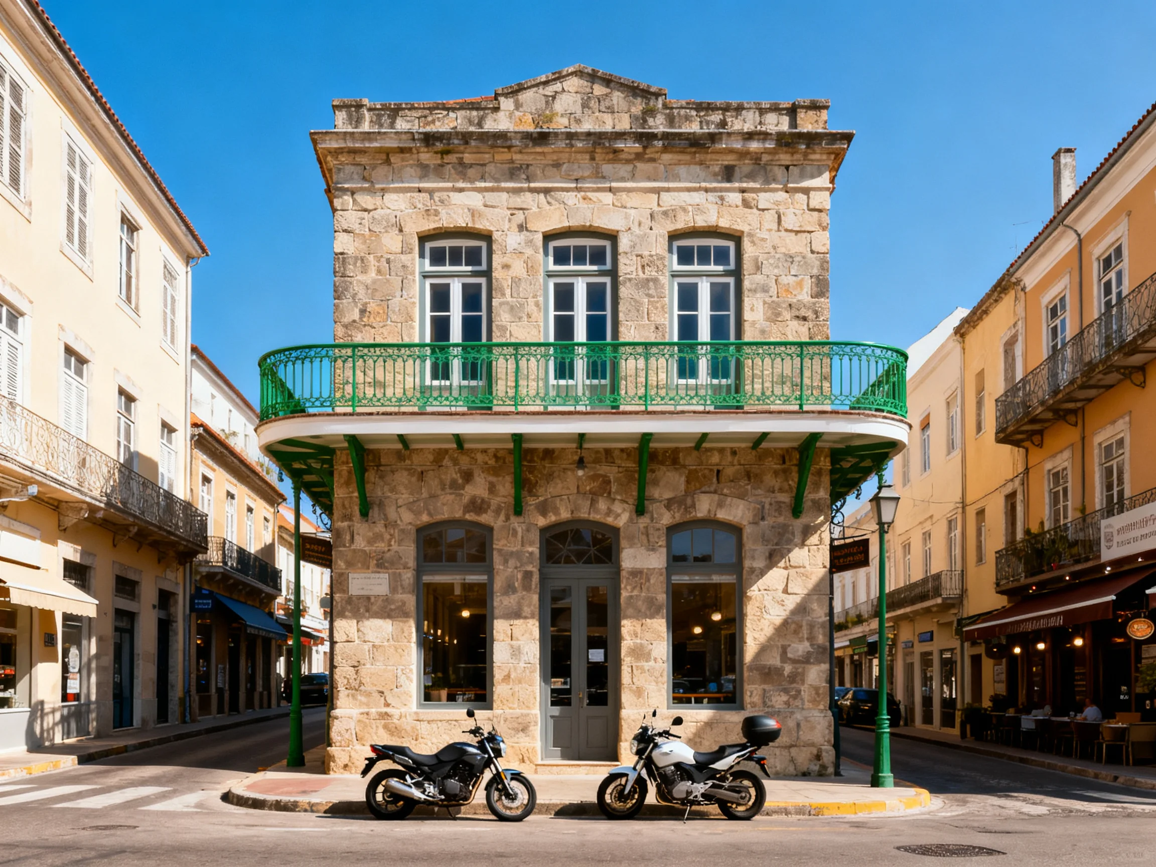 A historic stone building with green balcony near two motorcycles