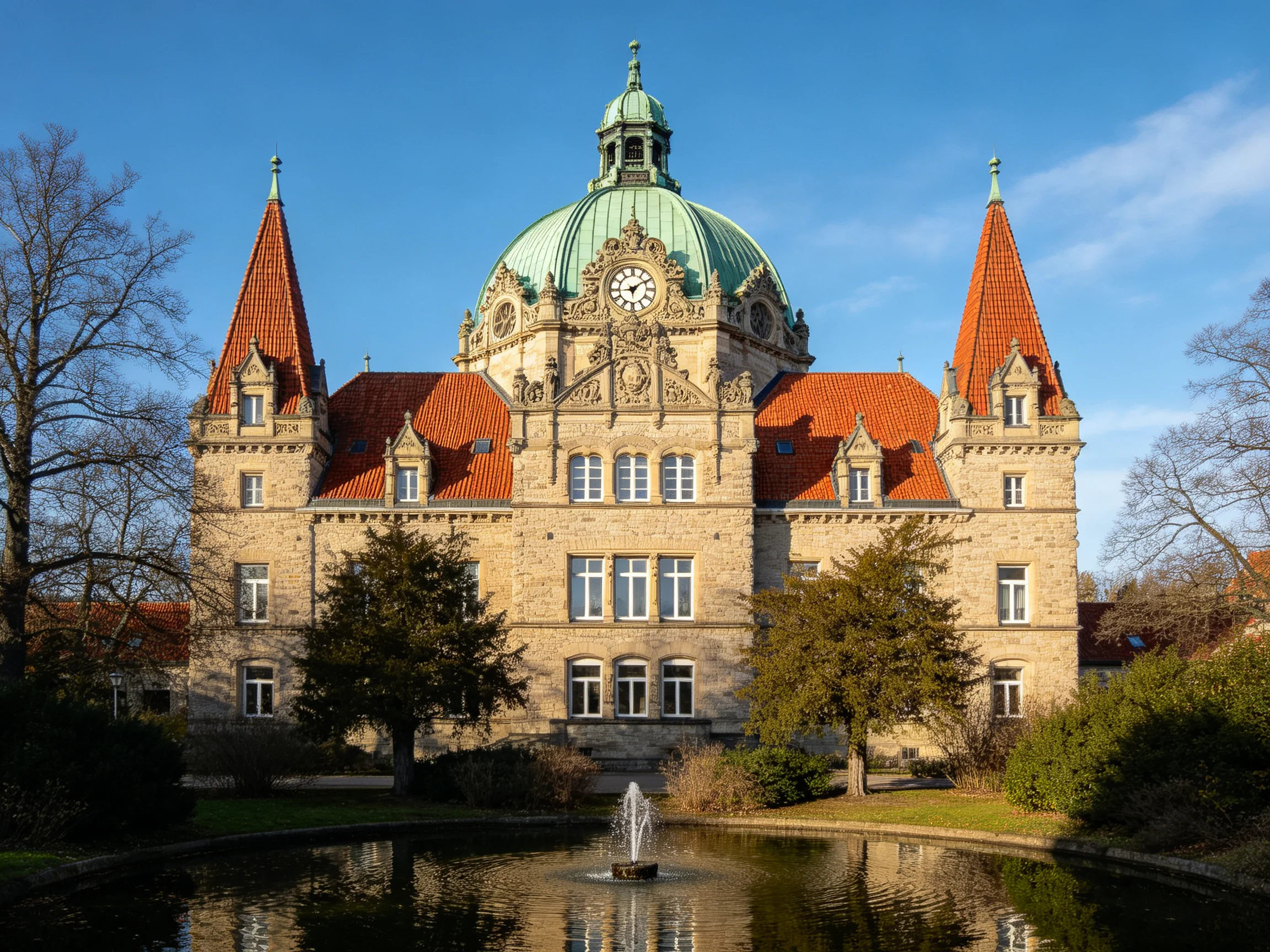 A historic stone building with green dome and red roofs