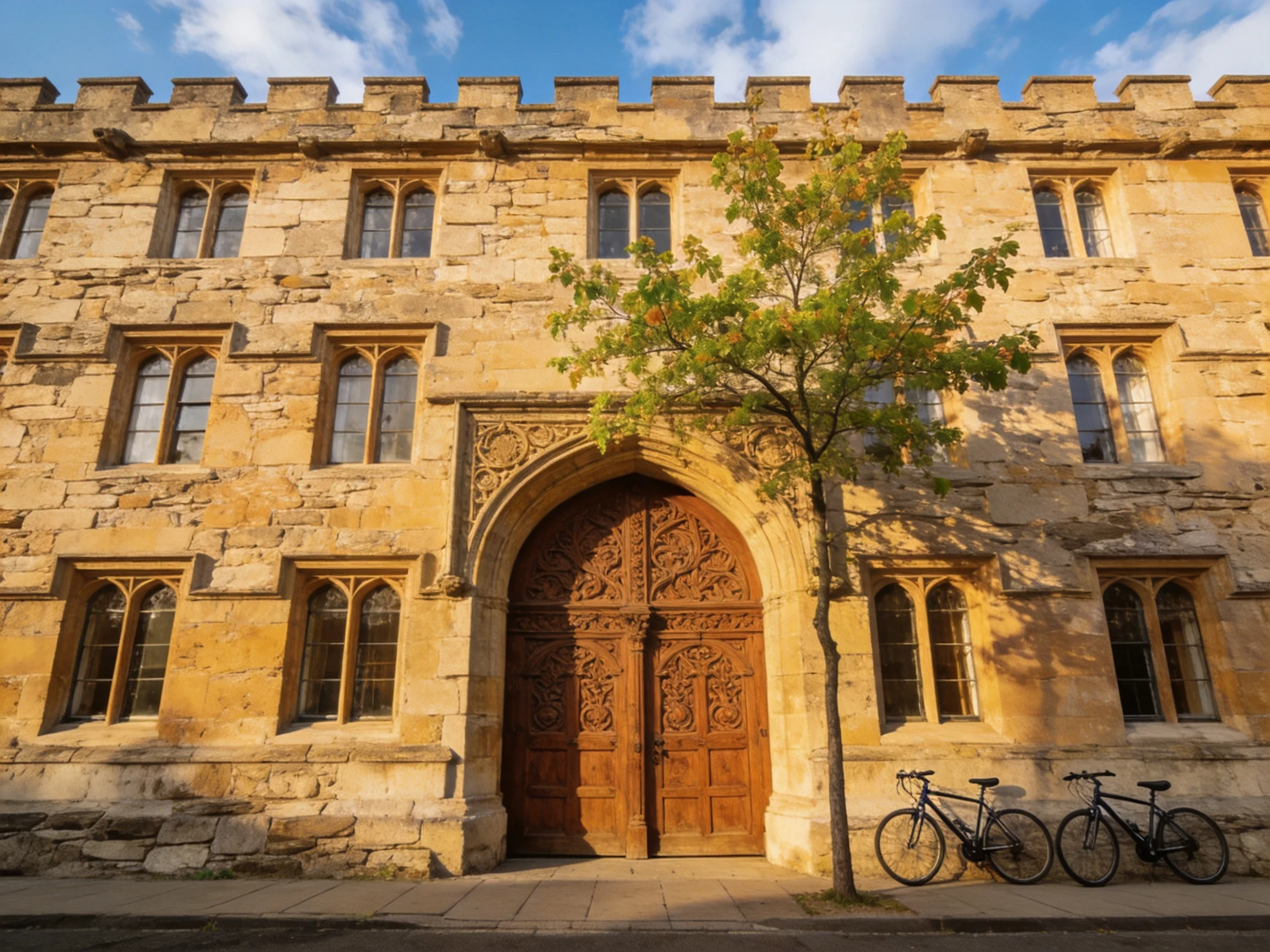A historic stone building with ornate wooden doors and two bicycles