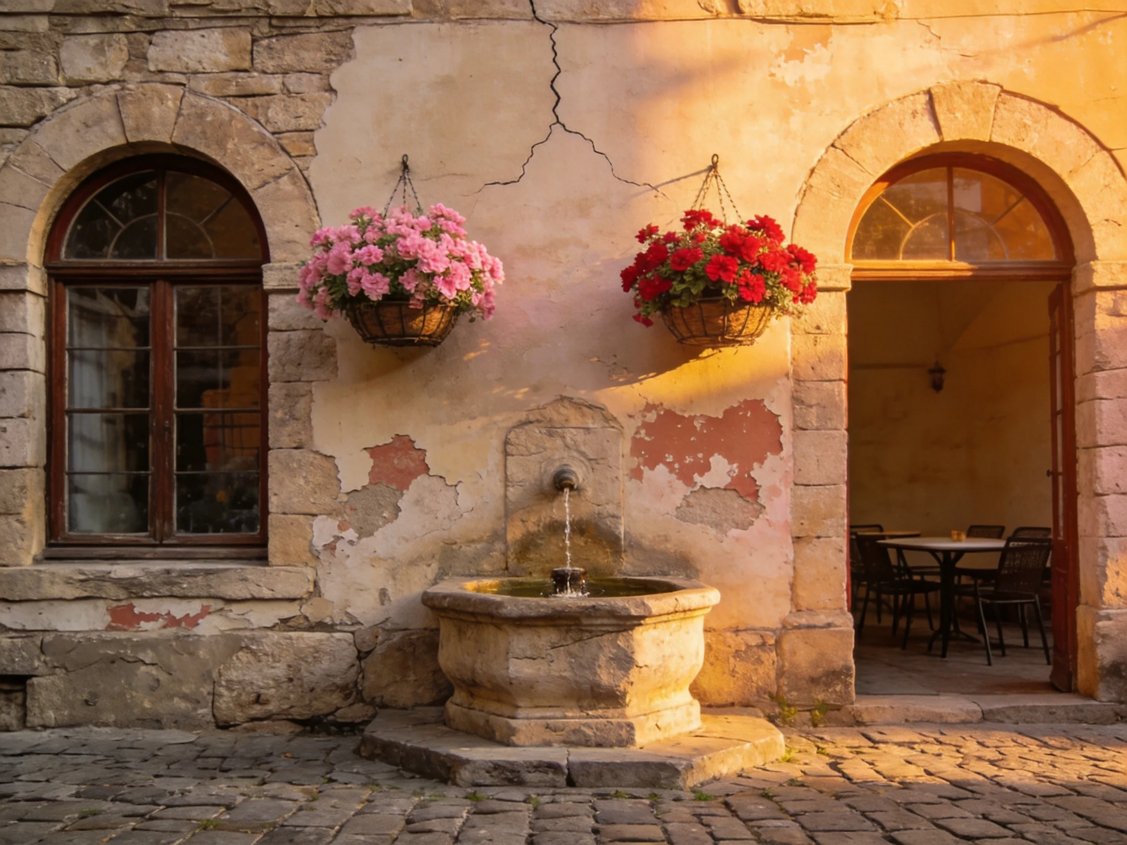 A historic stone building with pink and red hanging flowers beside an old fountain