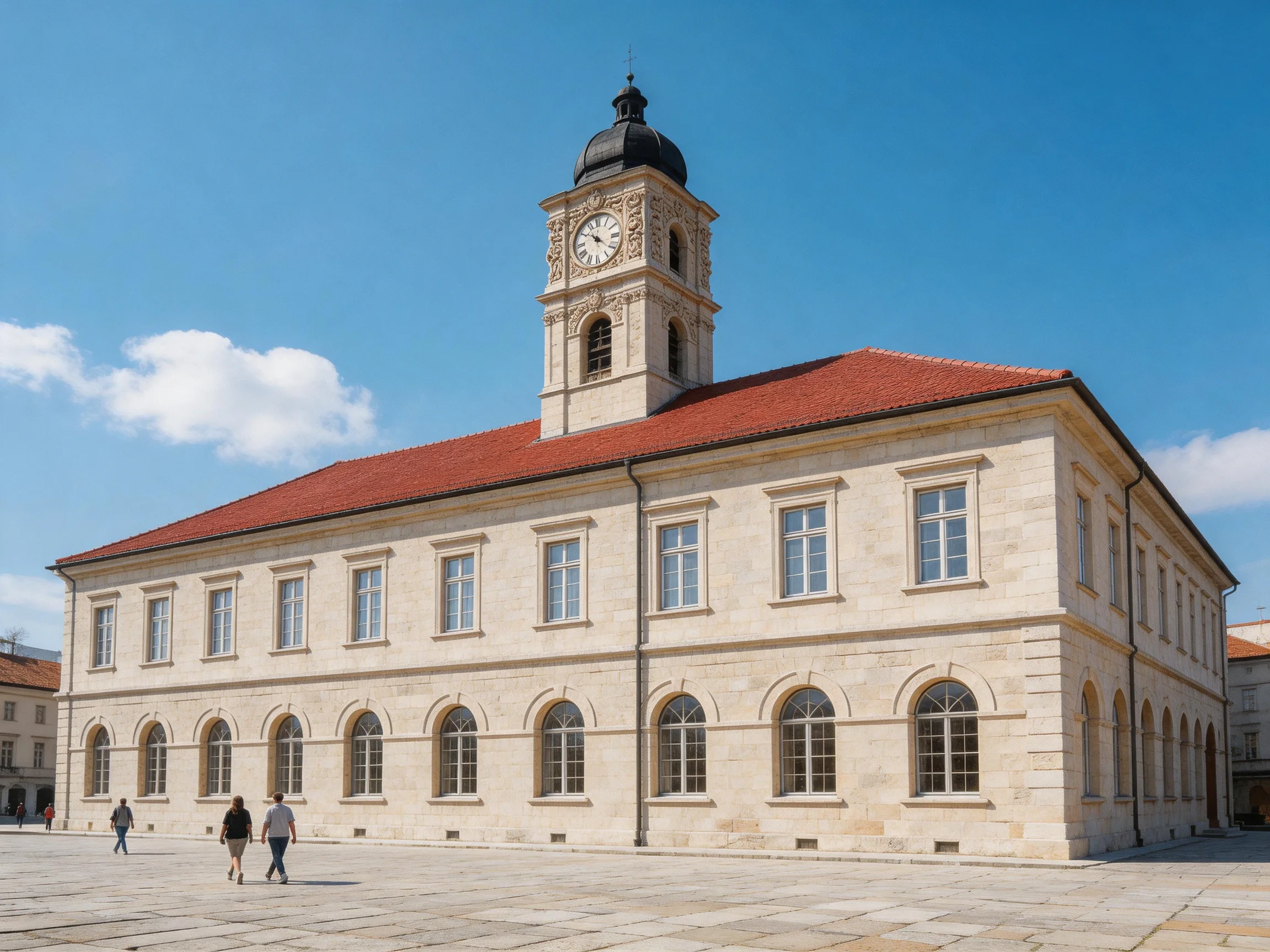 A historic stone building with red-tiled roof and clock tower