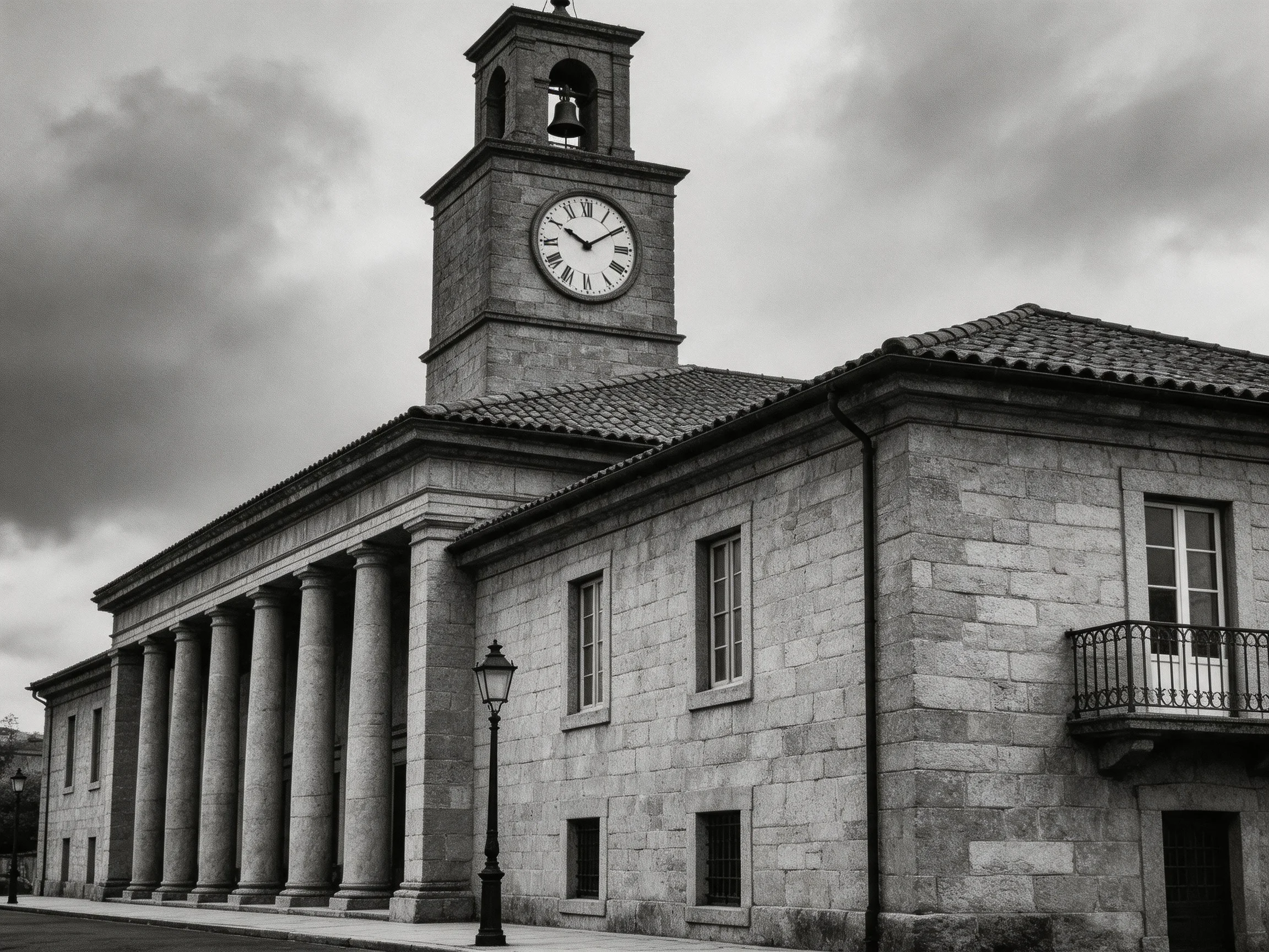 A historic stone building with tall columns and a clock tower under overcast skies