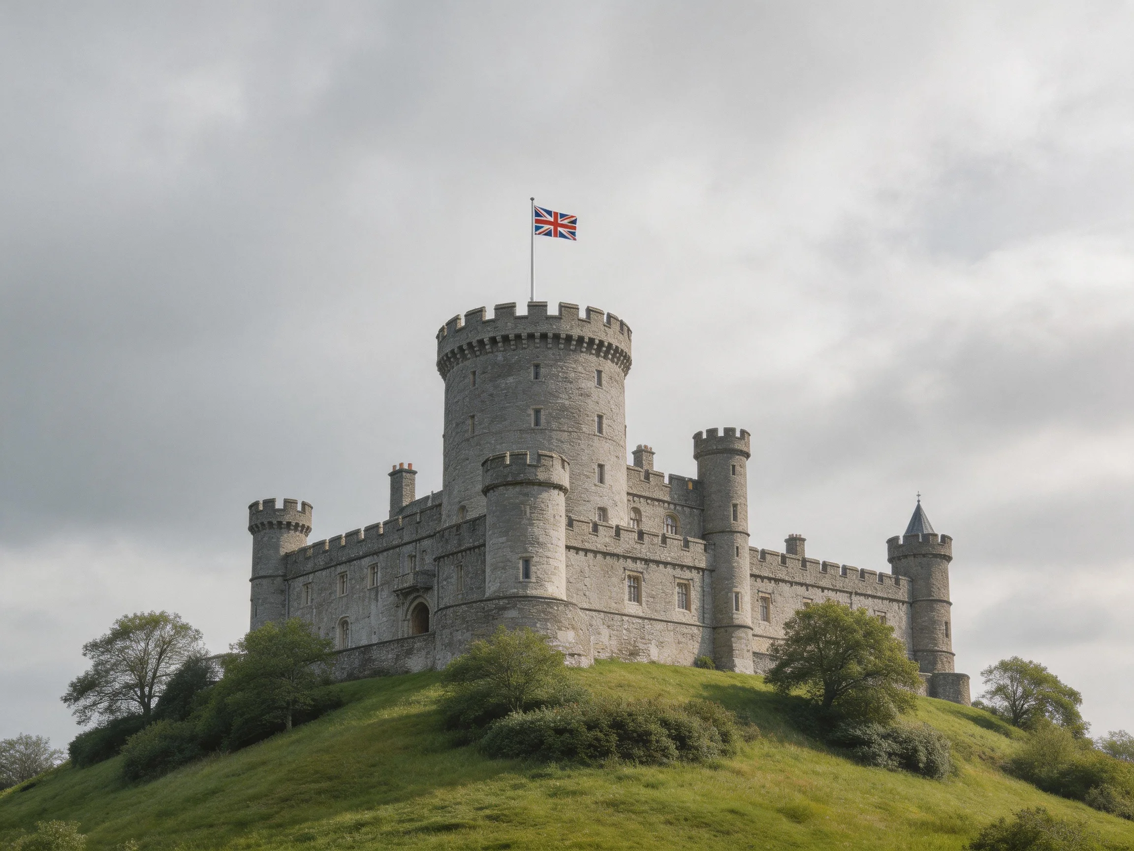 A historic stone castle atop a grassy hill with a British flag