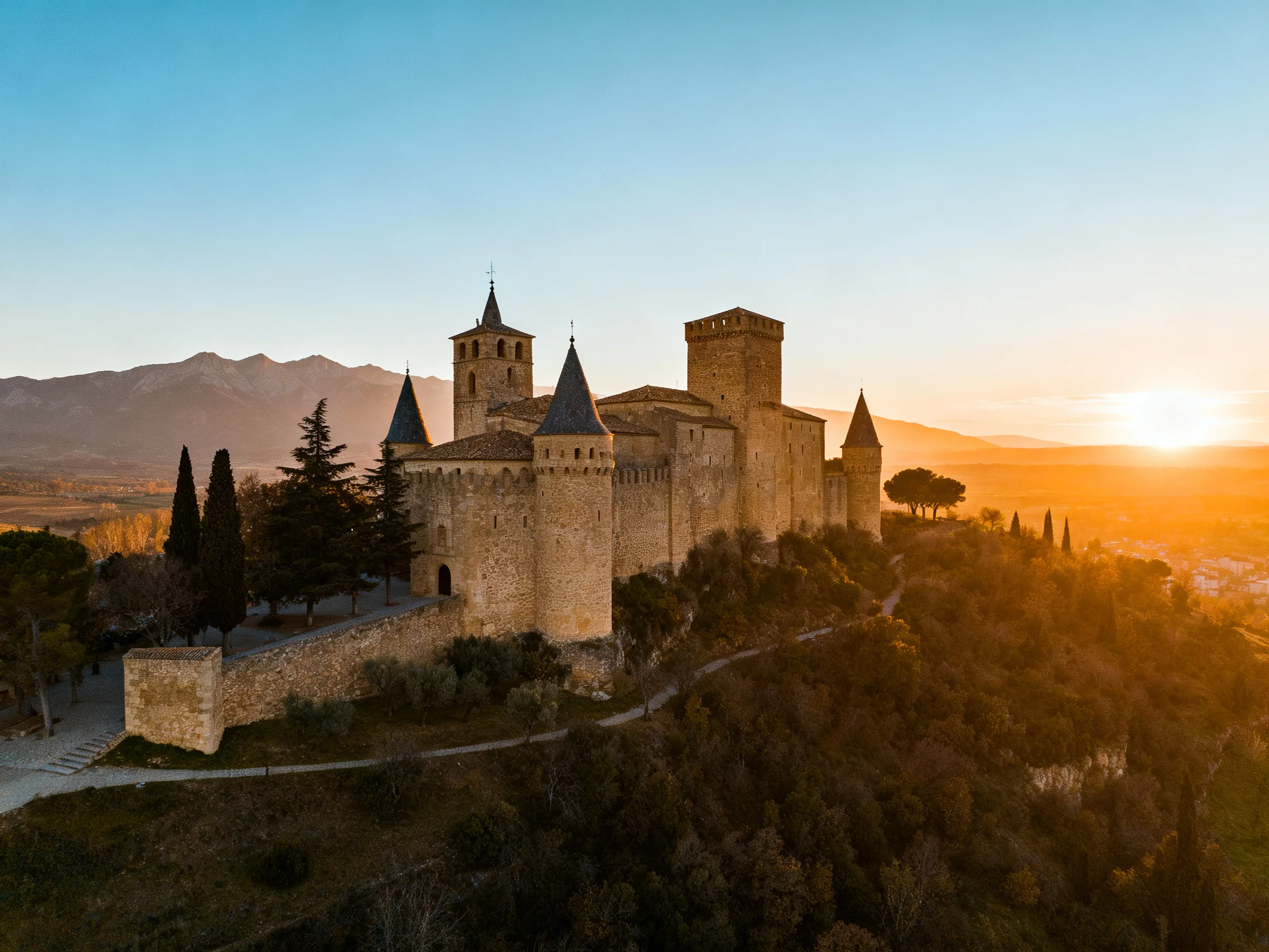 A historic stone castle atop a hill at sunset
