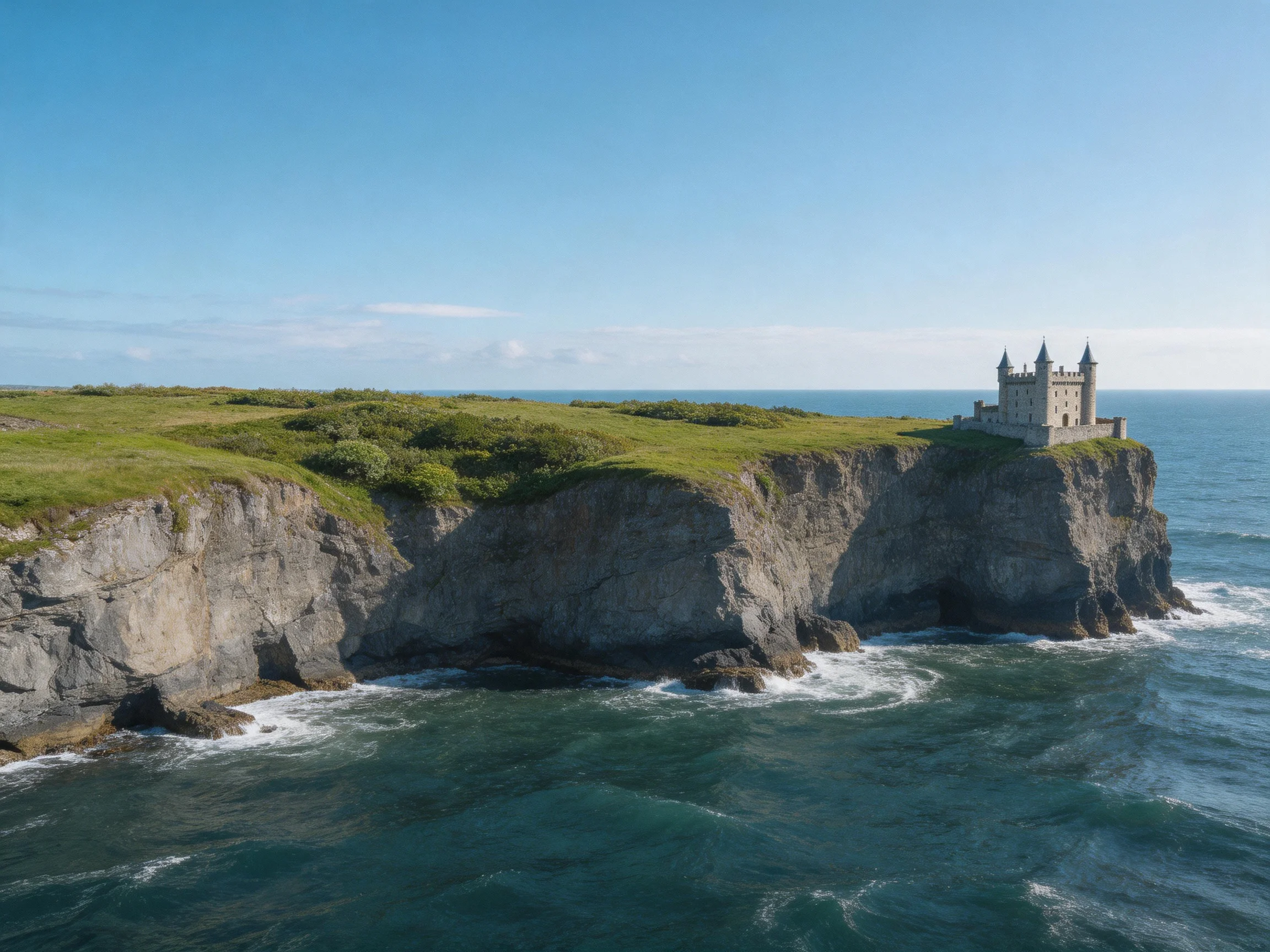 A historic stone castle atop a lush coastal cliff by the ocean