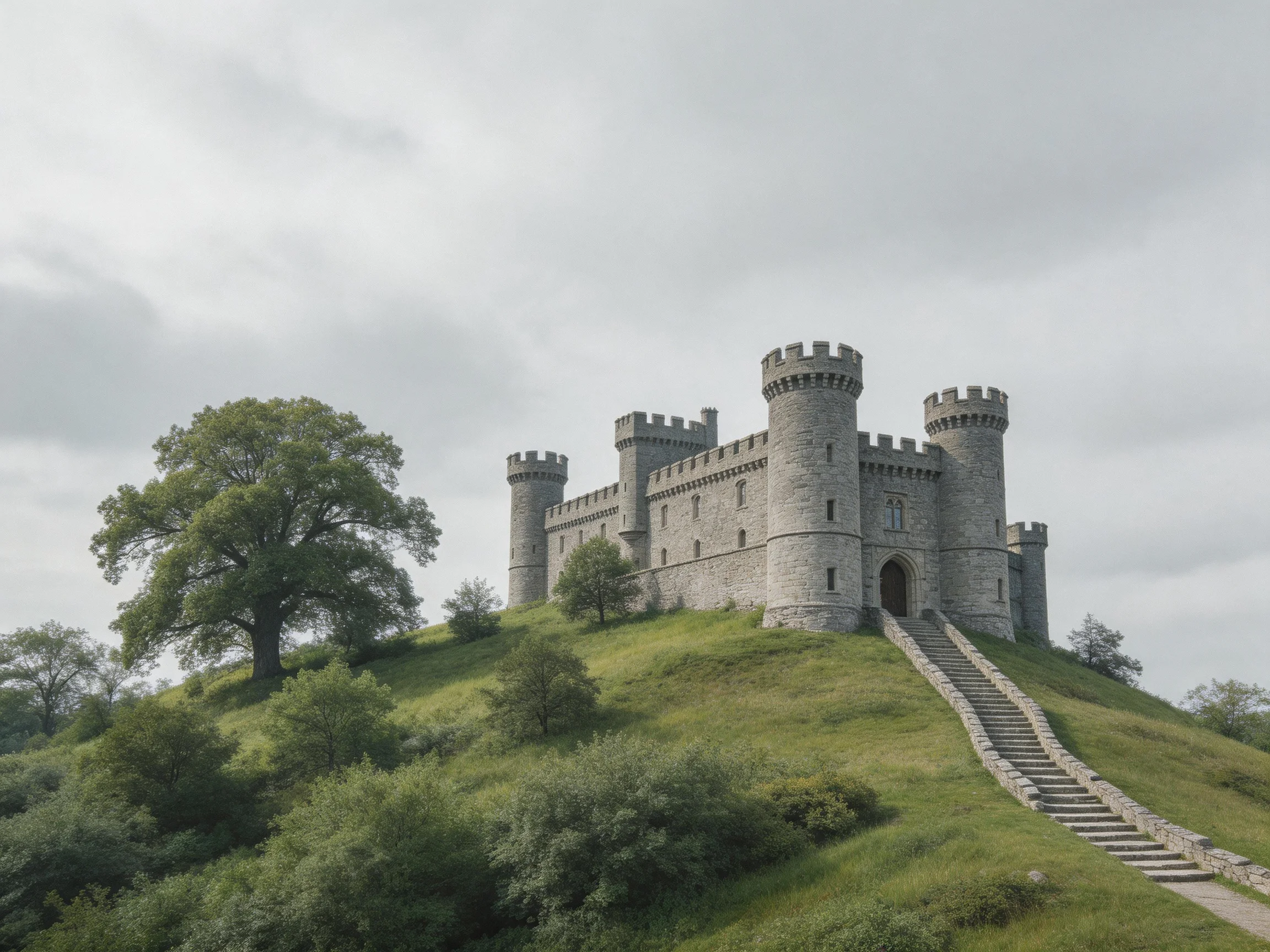 A historic stone castle atop a lush green hill with multiple towers