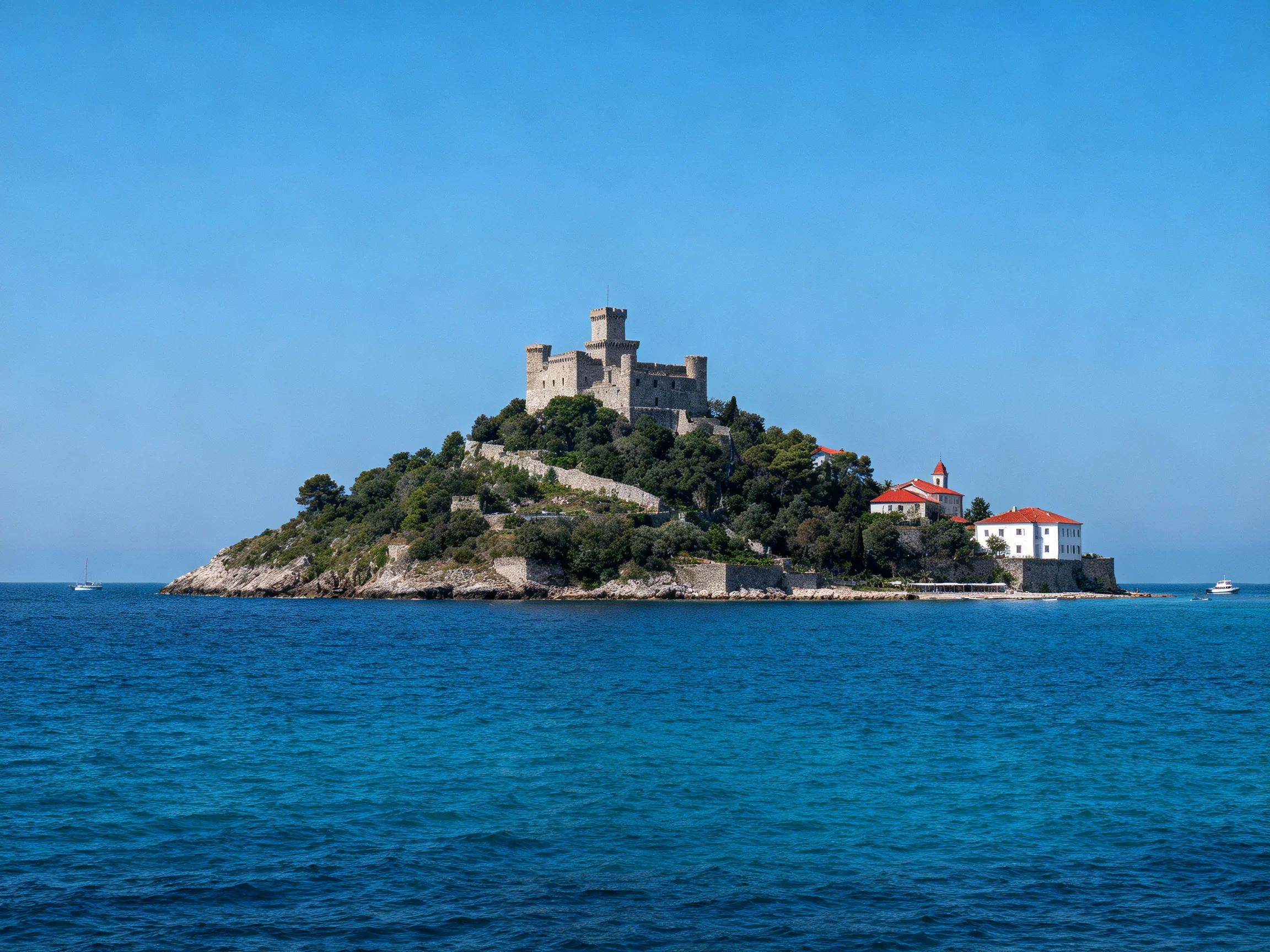 A historic stone castle atop a lush green island with red-roofed buildings