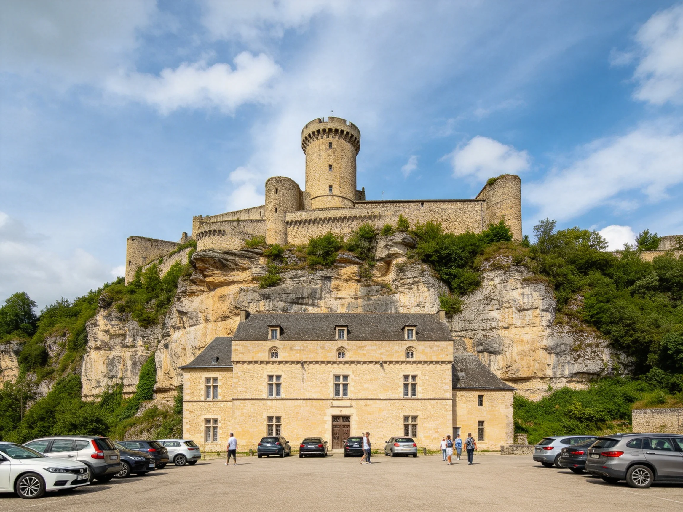 A historic stone castle atop a rocky cliff with a beige building below